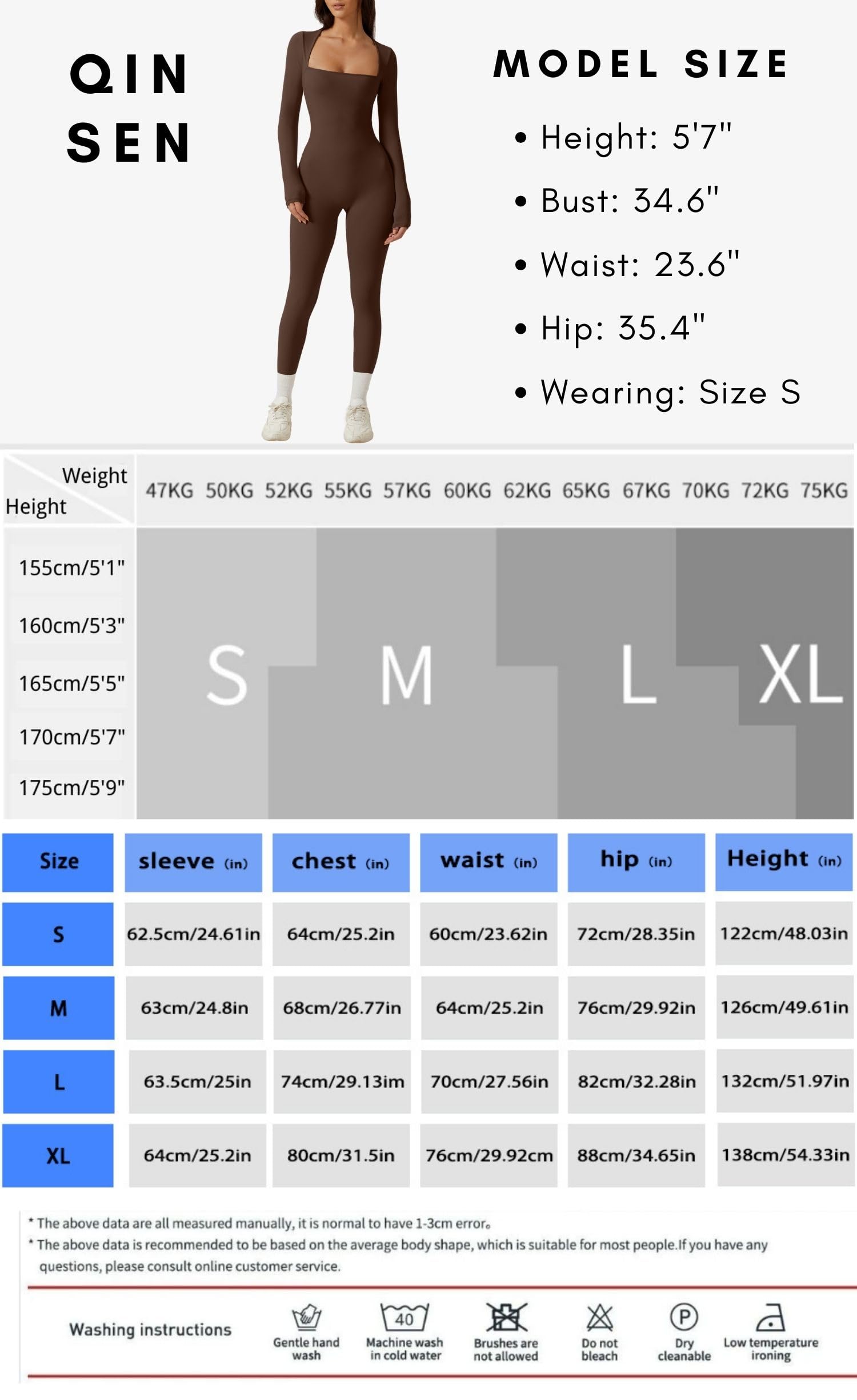 QINSEN Womens Sexy Square Neck Long Sleeve Full Length Leggings Bodycon Stretch Jumpsuit