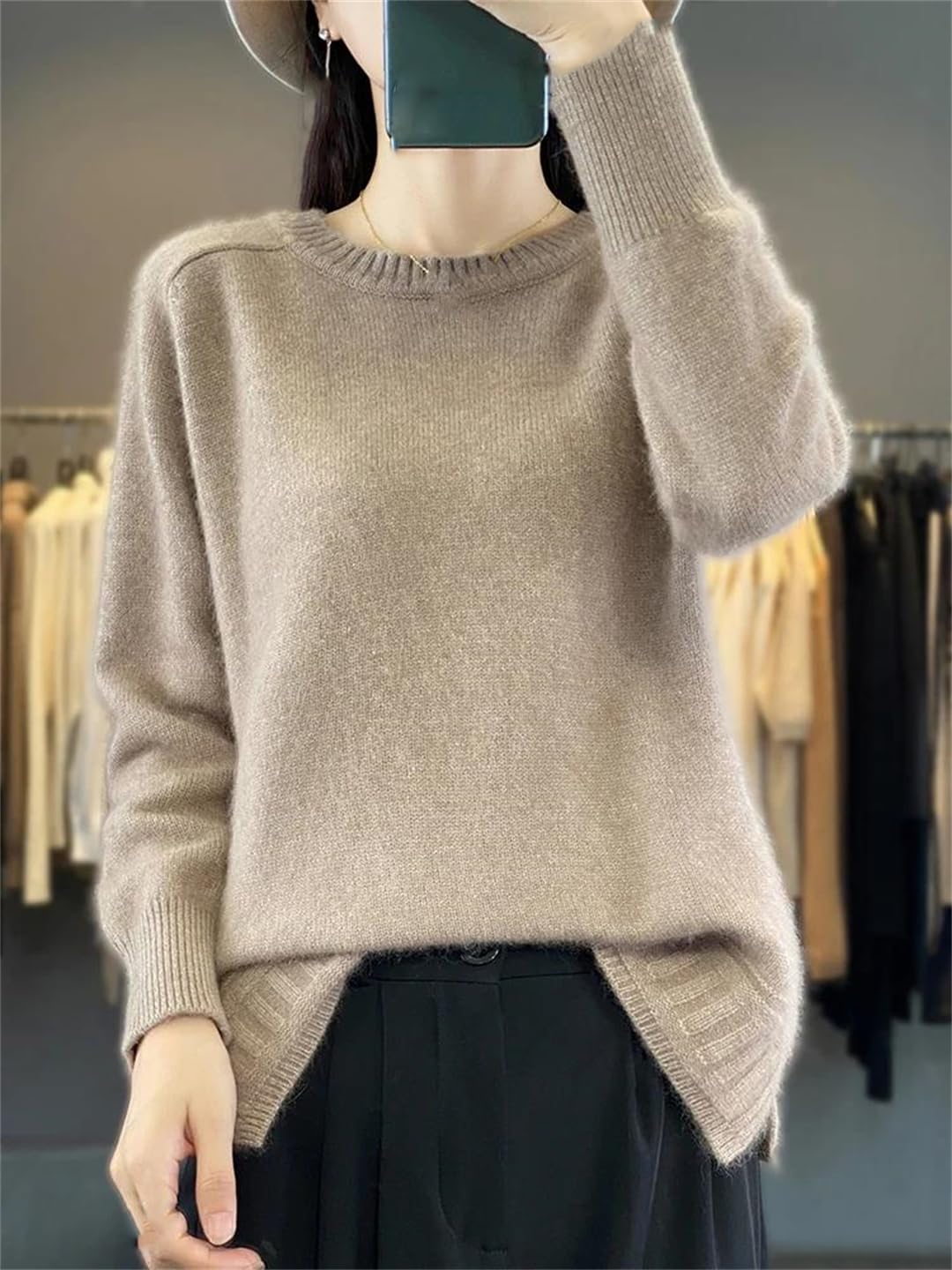 Fnfmrfmr Damski sweter oversize z okrągłym dekoltem jednolity kolor długie rękawy miękki ciepły sweter topy