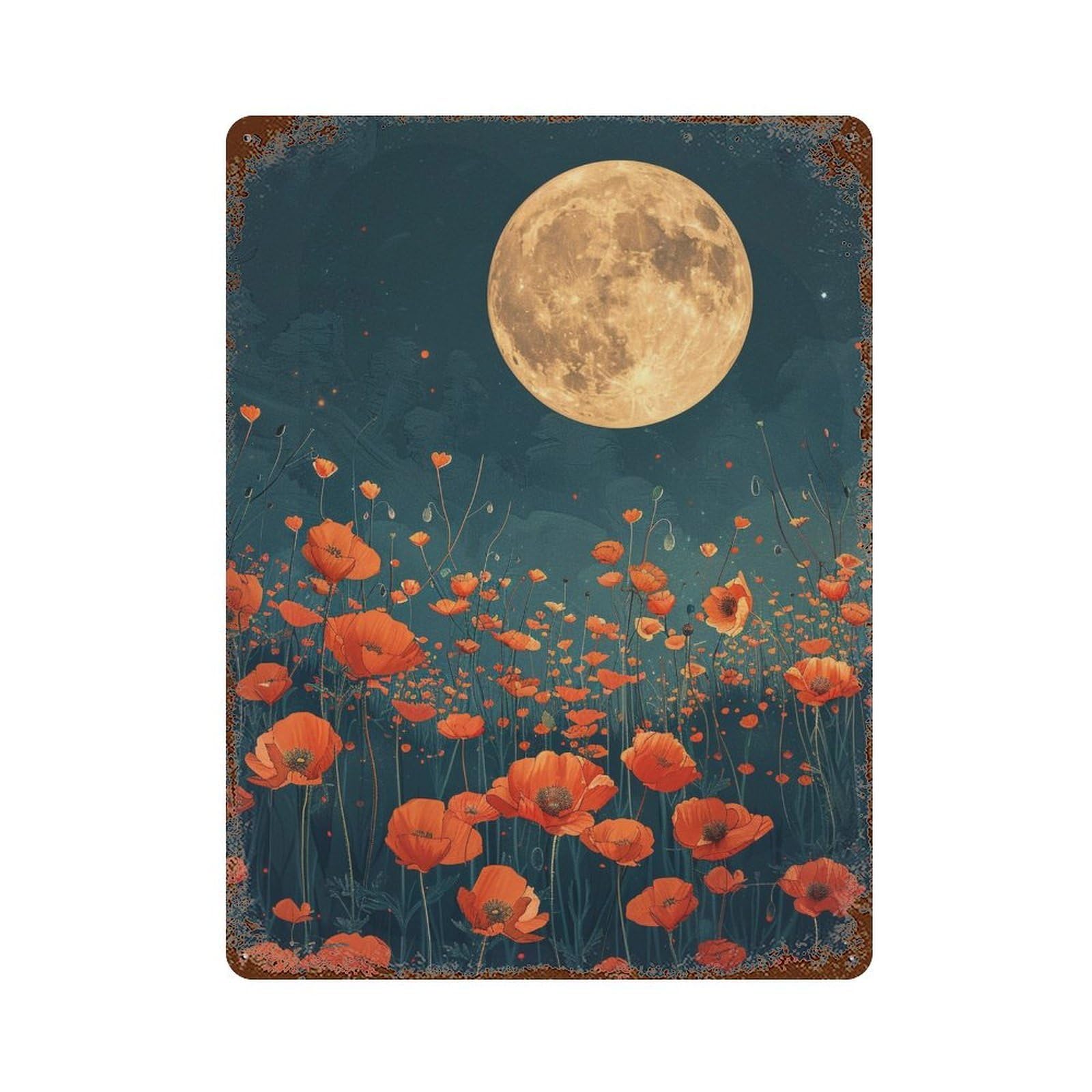 Rusty Metal Tin Sign with Full Moon Poppy Field Design 15.7"x11.8", for Farmhouse, Kitchen And Entryway Decor, Classic Wall Plaque