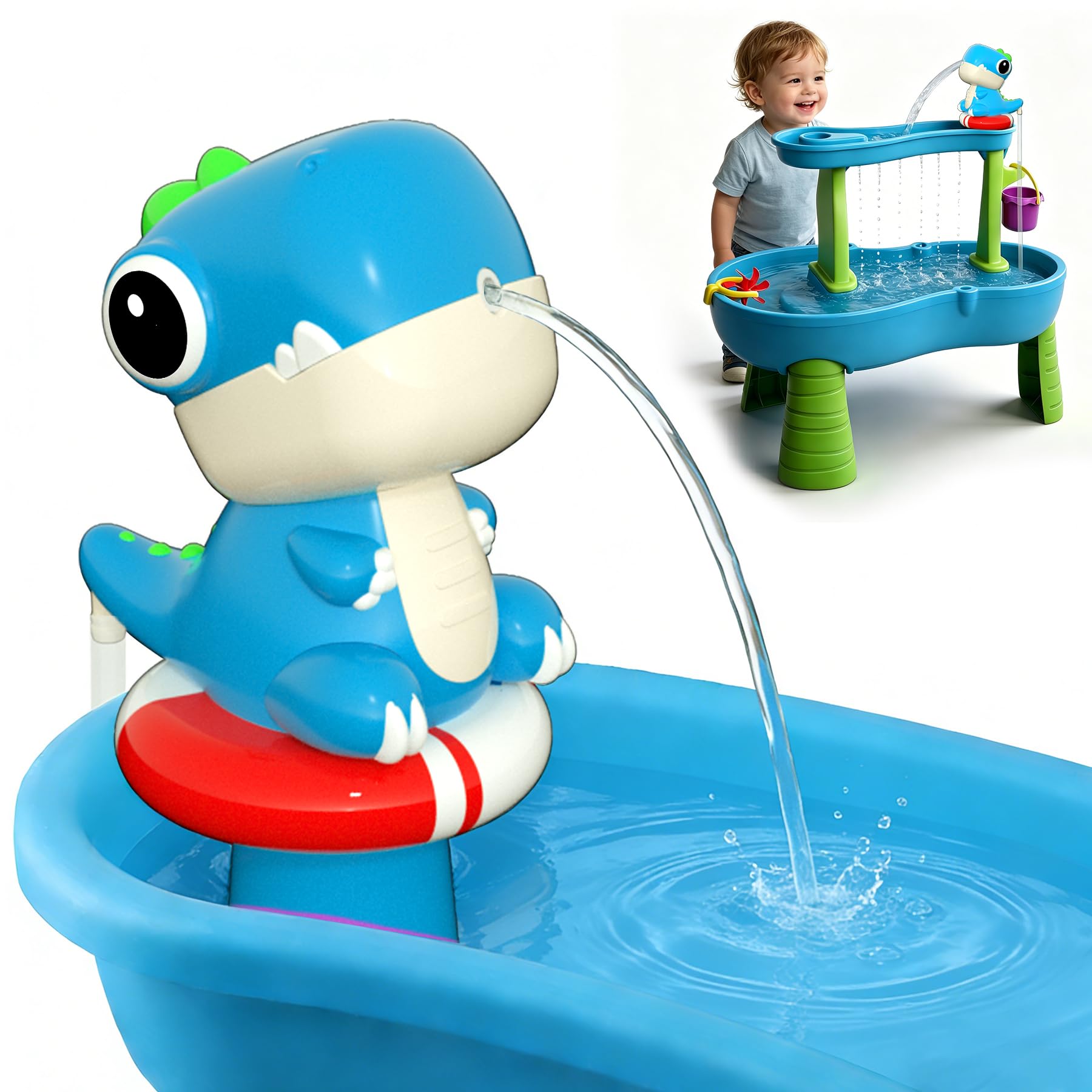 Photo 1 of Chobyfun Dinosaur Water Table Pump Continuous Flow – Battery Powered Rechargeable Water Pump - Water Table Accessories (Blue)