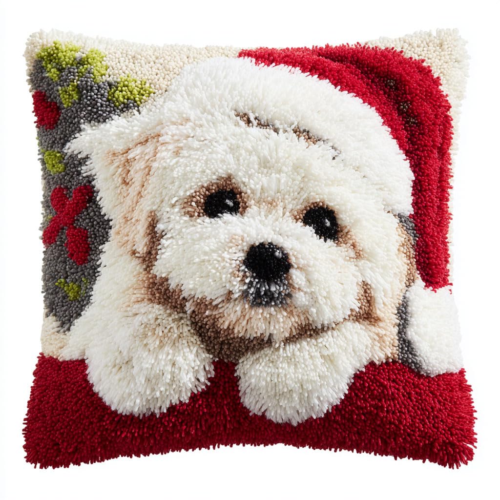 Ambattery Latch Hook Cushion Kits-G Latch Hook Kits For Adults, Animal Dog Latch Hook Pillow Kit Pre-Printed Cross-Stitch Embroidery Cushion For Home Sofa Decoration 43X43cm