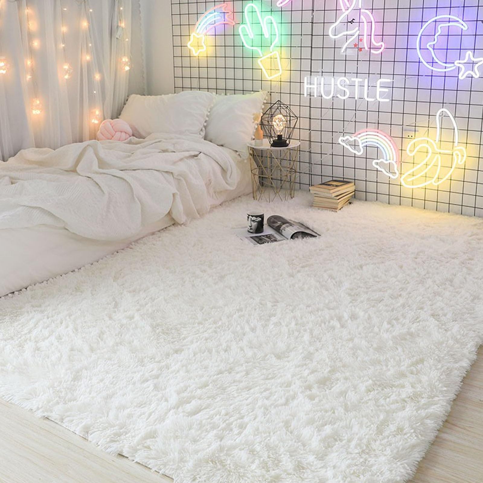 XUEDNGM Area Rug Shaggy Soft Rug 90 x 170 cm(35 x 67inch) Washable up to 30°C, Super-Soft, Fur Look Super Soft Rugs Fluffy Area Rugs Shaggy Rugs for Living Room Bedroom, White