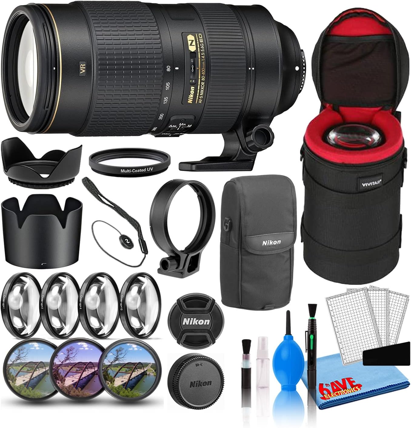 Nikon AF-S NIKKOR 80-400mm f/4.5-5.6G ED VR Lens (2208) with Padded Lens Case + Macro Filter Kit + UV, CPL, FL Lens Filters + Tulip Hood + Lens Cap Keeper + Cleaning Kit (Renewed)