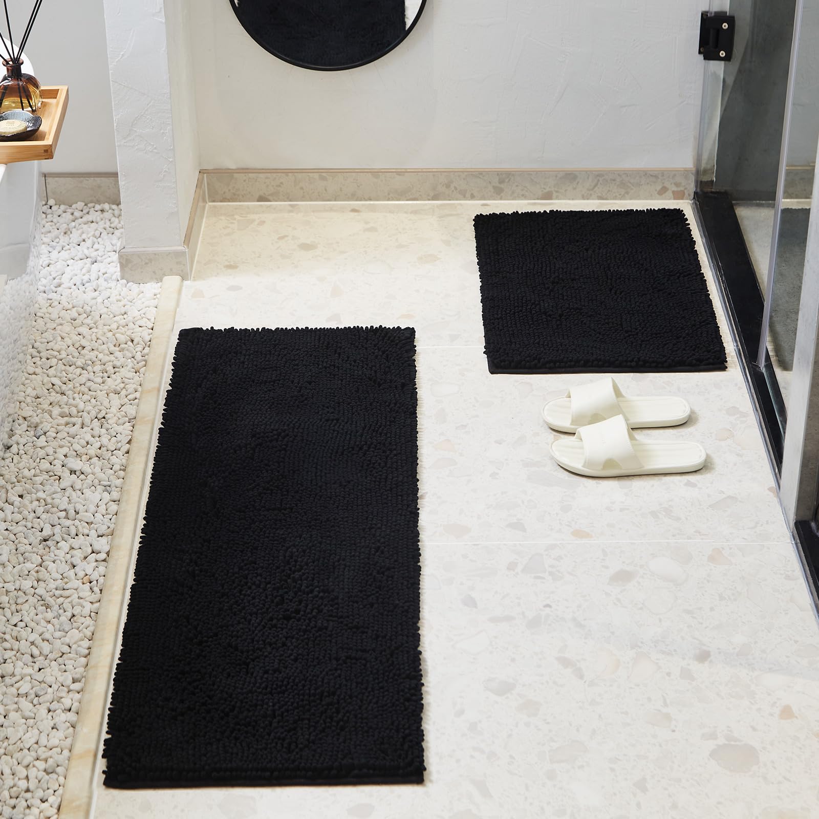 TECHMILLY Soft Fluffy Chenille Bathroom Rugs Sets 2 Pieces, Non Slip Absorbent Bath Mats for Bathroom, Washable and Quick Dry, Black, 17" x 24" + 17" x 47"
