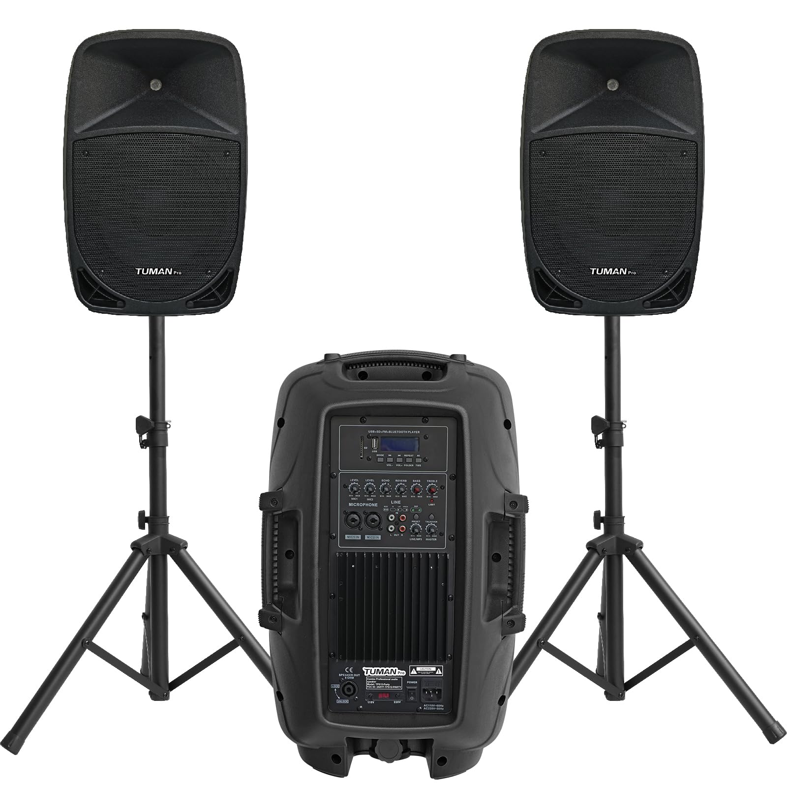12inch PA Speaker System, 1000W High Powered Bluetooth Compatible Active + Passive Pair Outdoor Sound Speakers, Outdoor Karaoke Machine?FM Radio, Remote Control, 2 Speaker Stand, Supports SD Card/USB