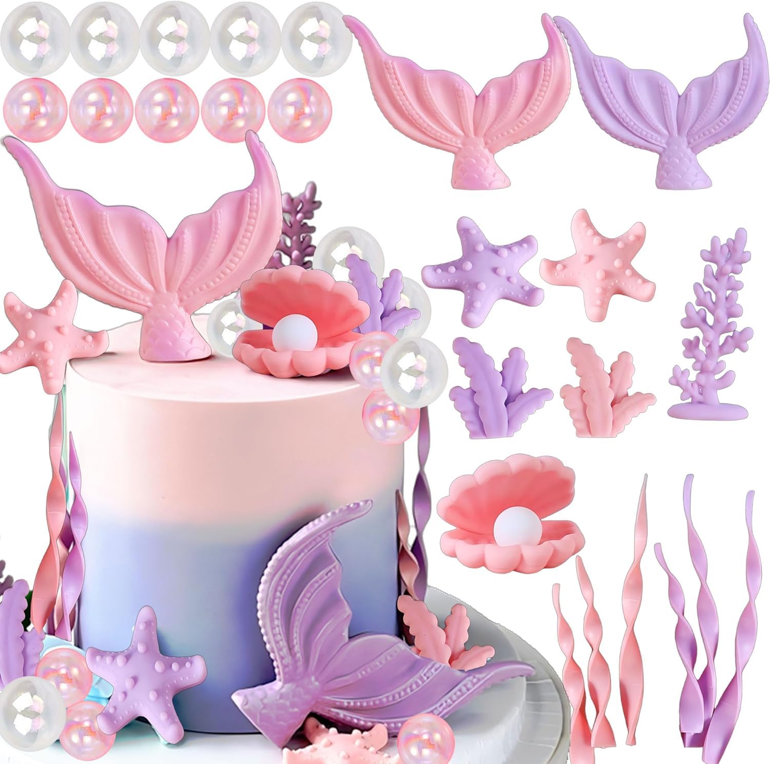 LaVenty Set Di Decorazioni Per Torta Sirenetta - 14 Pezzi Tra Sirene, Code Di Pesce E Alghe Per Tema Under The Sea