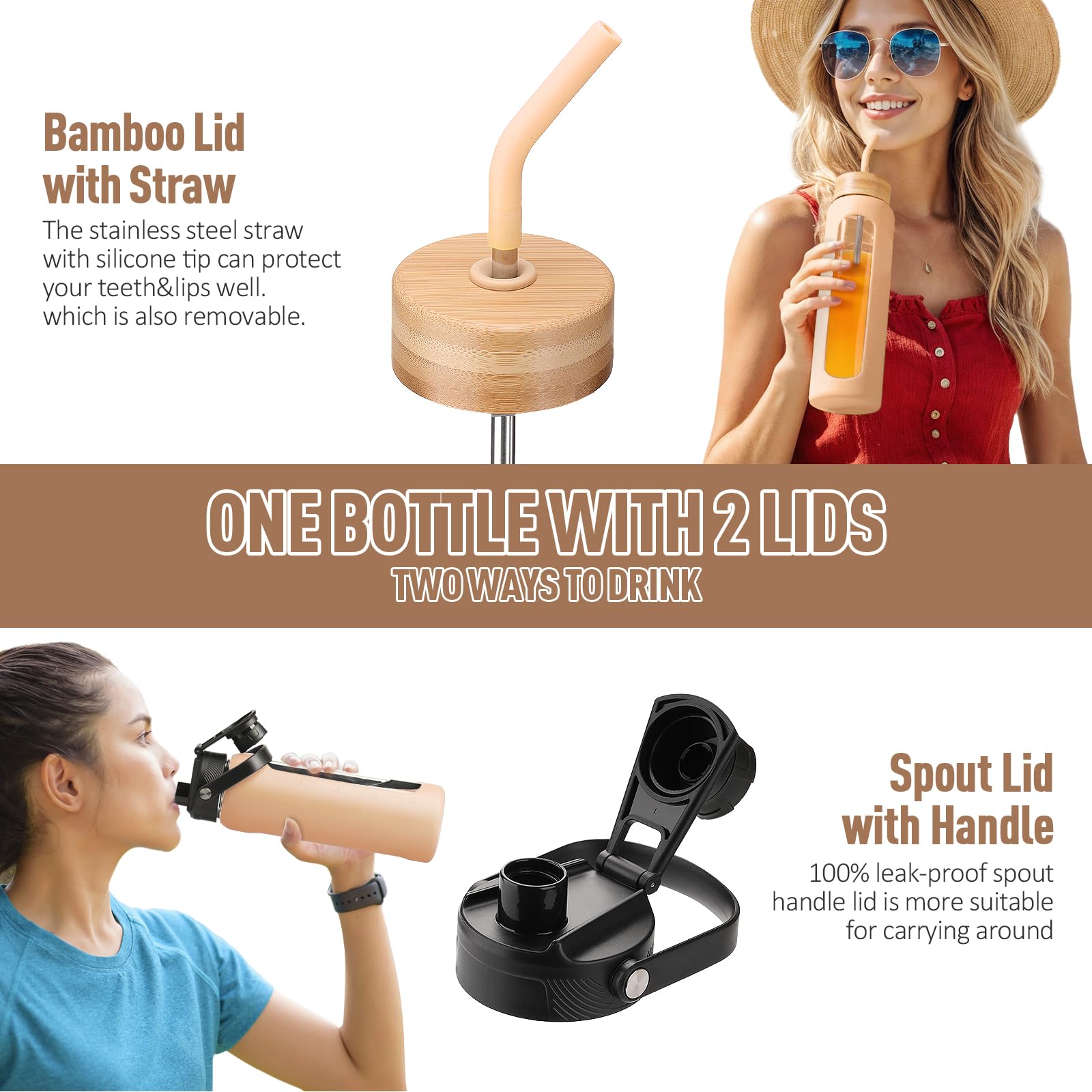 BLUEGO Borraccia Vetro 700ml con 2 Coperchi e Cannuccia, Sportiva Bottiglia d'Acqua con Custodia in Silicone e Indicatori di Tempo, Senza BPA, Colore