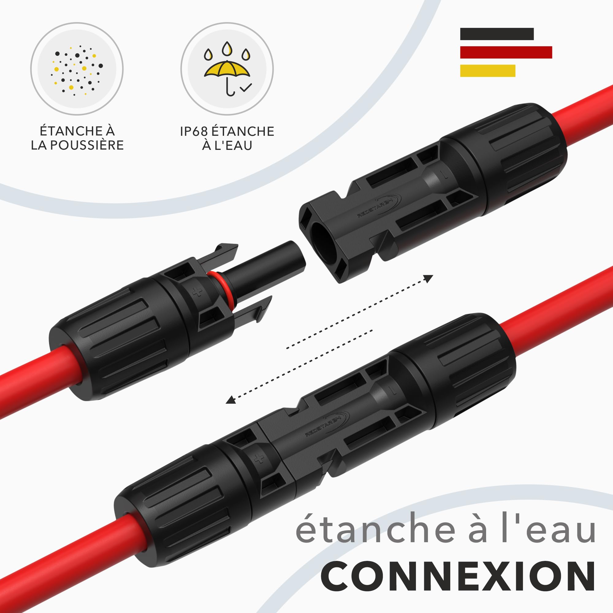 RedStar24 Câble solaire d'extension 6mm² - 3m - Résistant aux UV, Câble photovoltaïque, PV Câble solaire IP68 pour rallonge panneau solaire - durable