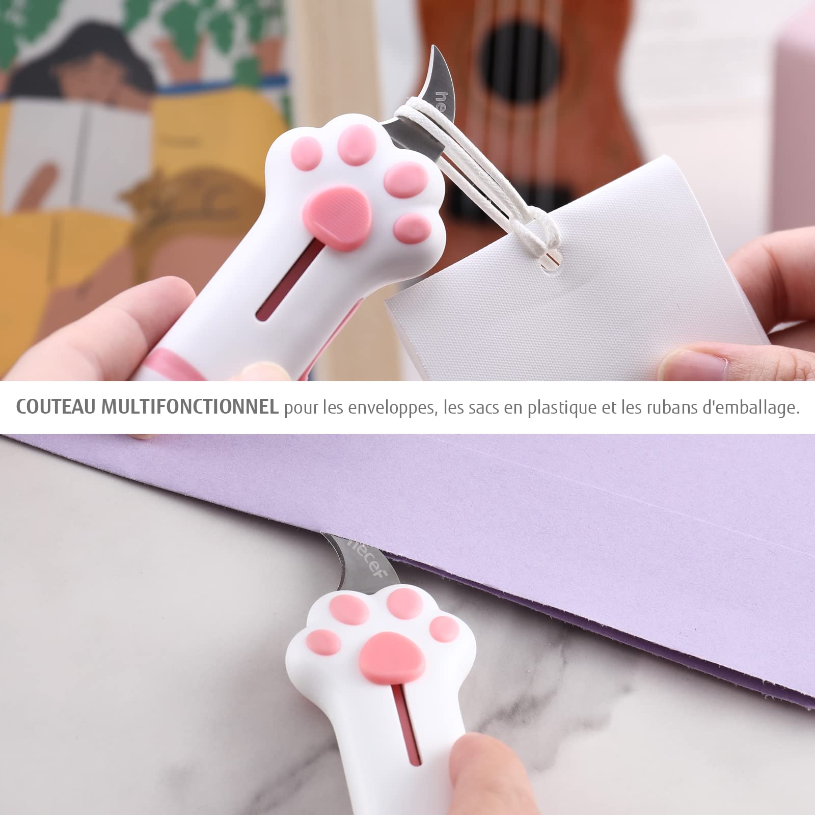 hecef Set de 3 couteaux utilitaires, cutter rétractable avec lame en acier allemand et manche en patte de chat, set de couteaux multifonctions en rosa