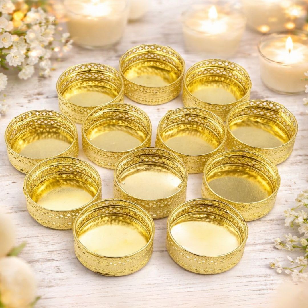 SATYAM KRAFT 12 Pcs Metal Tealight Candle Holders Golden Round Decorative Diya Stand for Pooja Thali Home & Office Decor | Ideal for Gifting Wedding Valentine New Year Festivals & Events Craft uses