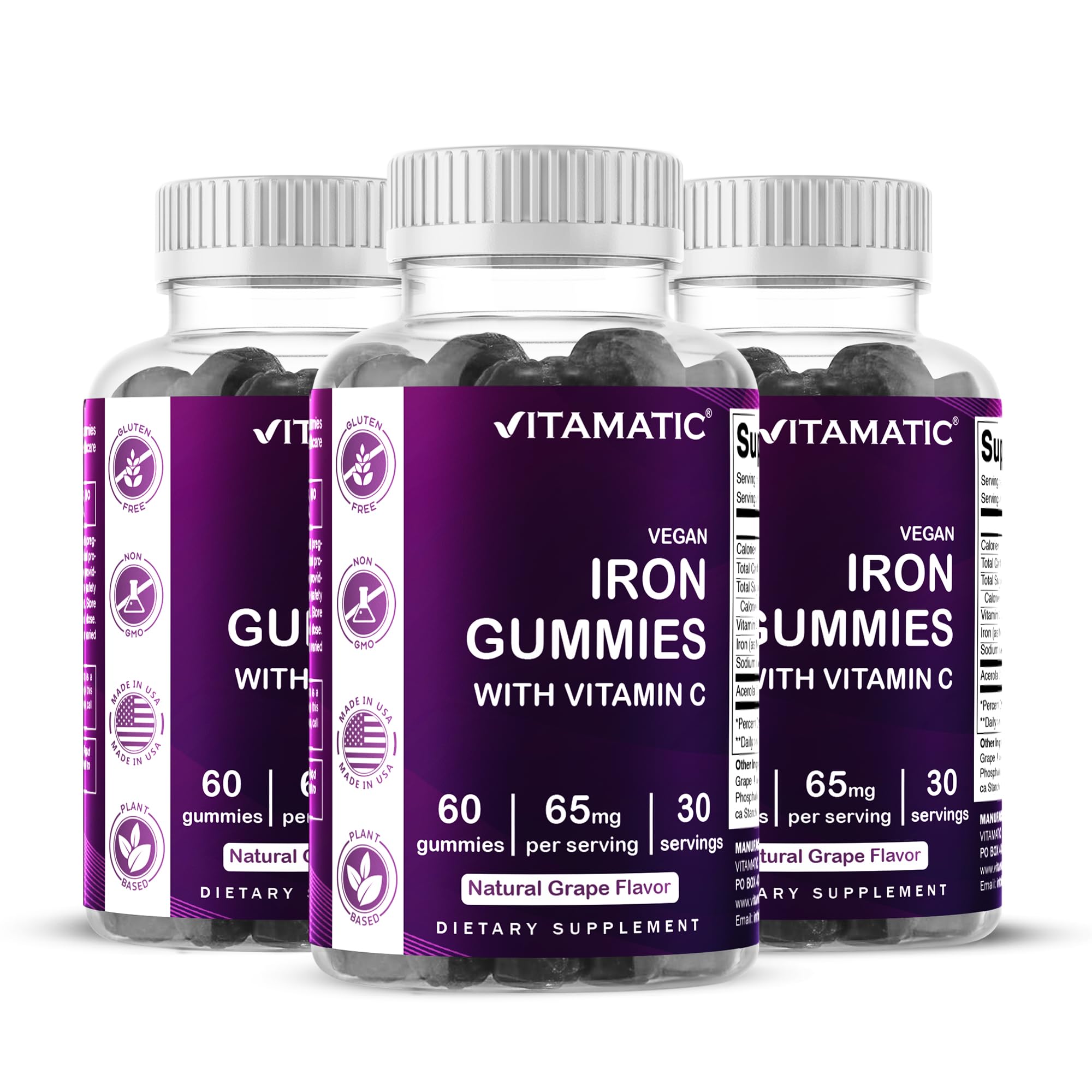 Vitamatic Iron 65 mg Gummies Supplement for Women & Men - 60 Vegan Gummies - Great Tasting Iron Gummy Vitamins with Vitamin C (3)