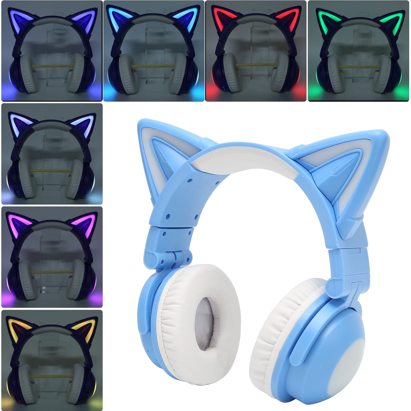 Asixxsix Cuffie Cat Ear, Cuffie da Gioco Stereo Bluetooth con Microfono Integrato e Luce LED RGB, Sovrauricolari per Cellulare Portatile, Archetto Regolabile (BLUE)