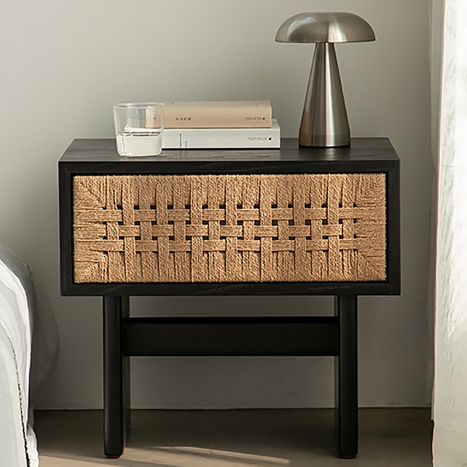 SXZenSpace Rattan Nightstand with Retractable Drawer Bedside Table Solid Wood Night Stand for Bedroom Dorm and Small Spaces(Black)