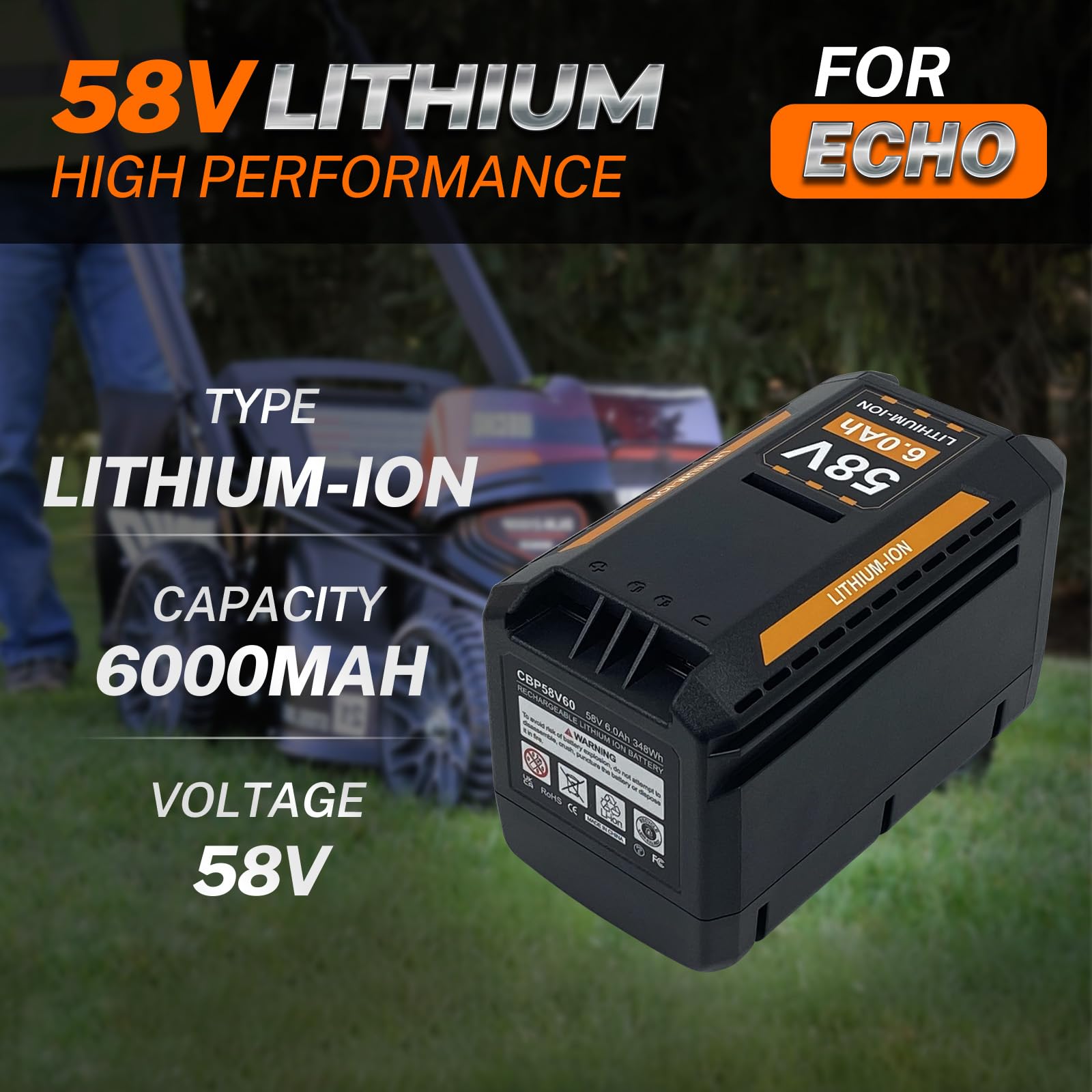 58 V 6,0 Ah akumulator litowy zamiennik do akumulatora Echo 58 V CBP-58V40 CBP-58V20 CBP-58V2AH CHT-58V CDST-58V CCS-58V CLM-58V, kompatybilny z elektronarzędziami Echo 58 V MAX PRO (58 V 6000 mAh)