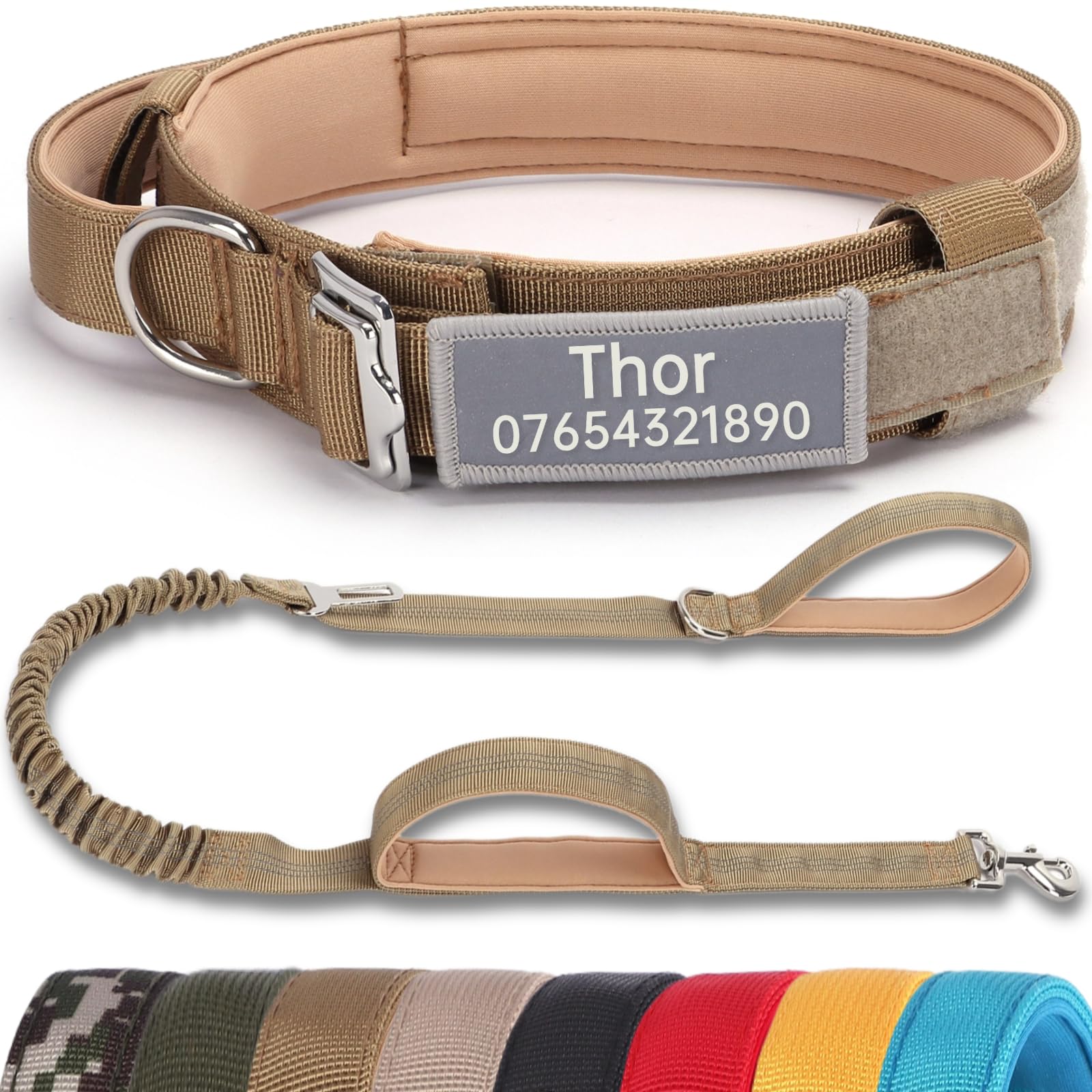 SEOUGEE Tactical Dog Collar Personalised with Handle and Leash Set, Soft Padded Dog Collars with Custom Reflective Name Patch, Pet Collars with Portable Buckle for Medium Large Dogs (Brown Set, XL) — image 1