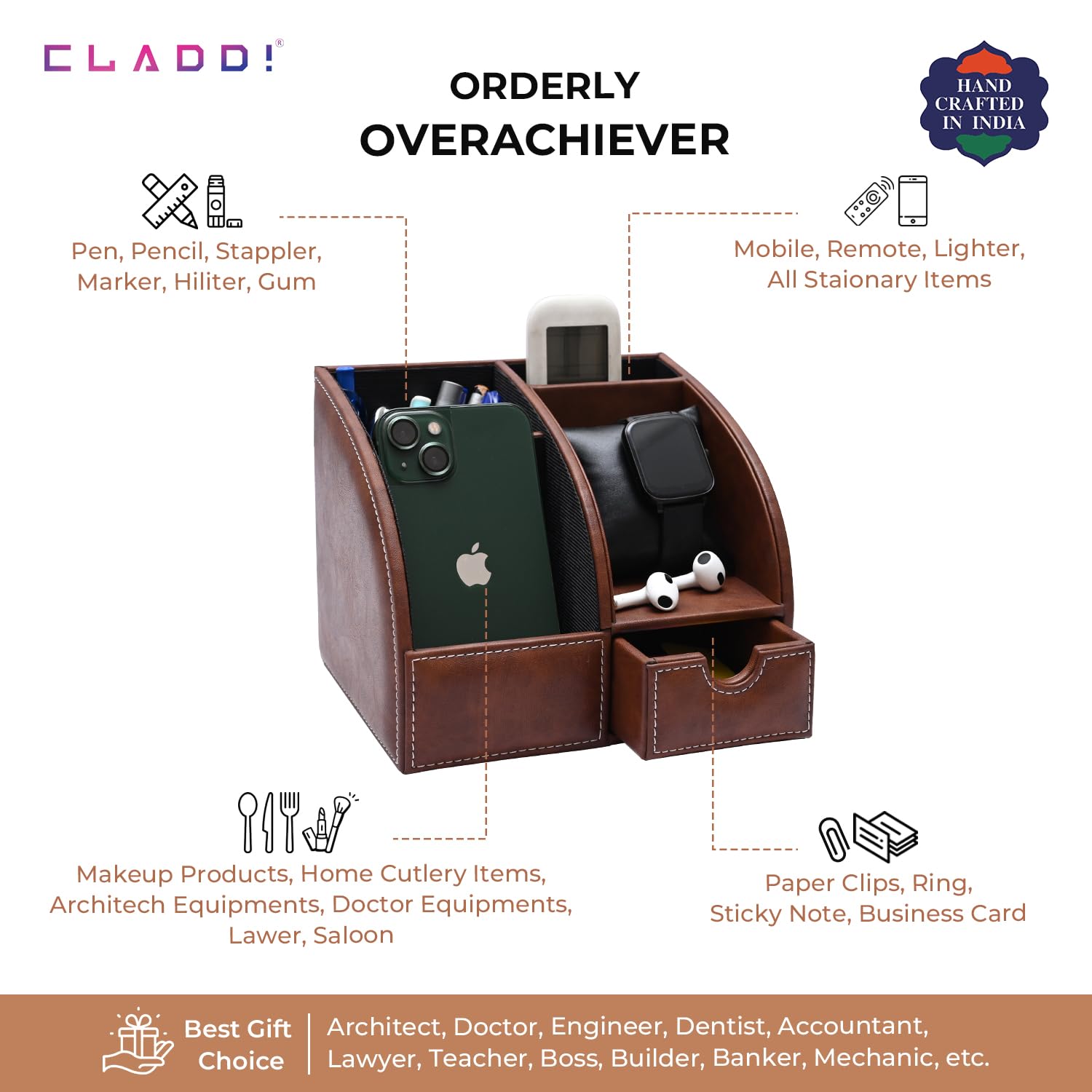 CLADD INTERNATIONAL Organizador de escritorio personal de cuero vegano | 4 compartimentos y cajón deslizante | Almacenamiento de accesorios de oficina | Organizador de mesa para bolígrafos, lápiz,