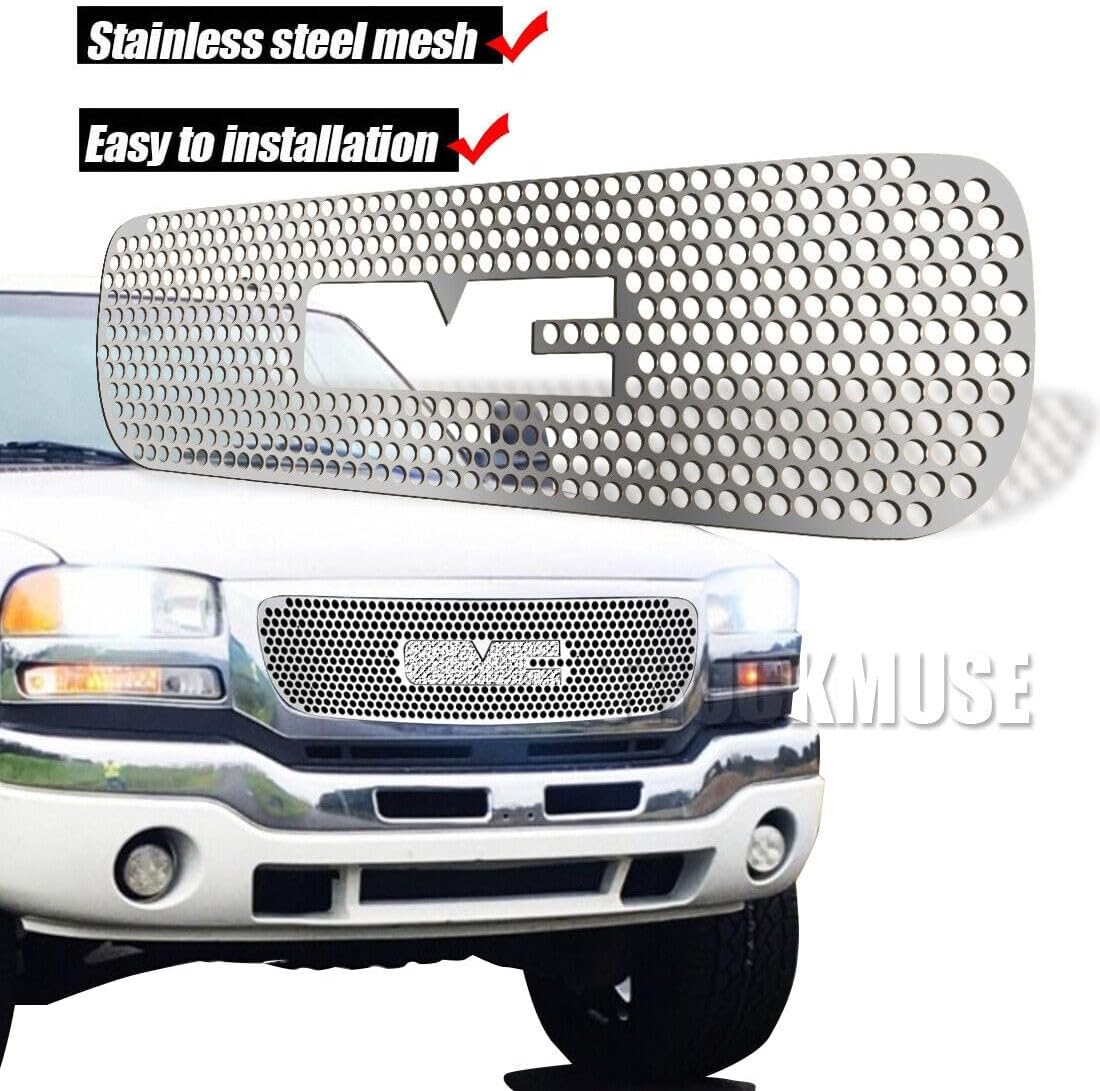 MYXAUTO Stainless Steel Round Hole Grille Insert Fits 1999-2002 GMC Sierra 1500/2500/2001-2006 GMC Yukon Upper Silver Truck, SUV Grille