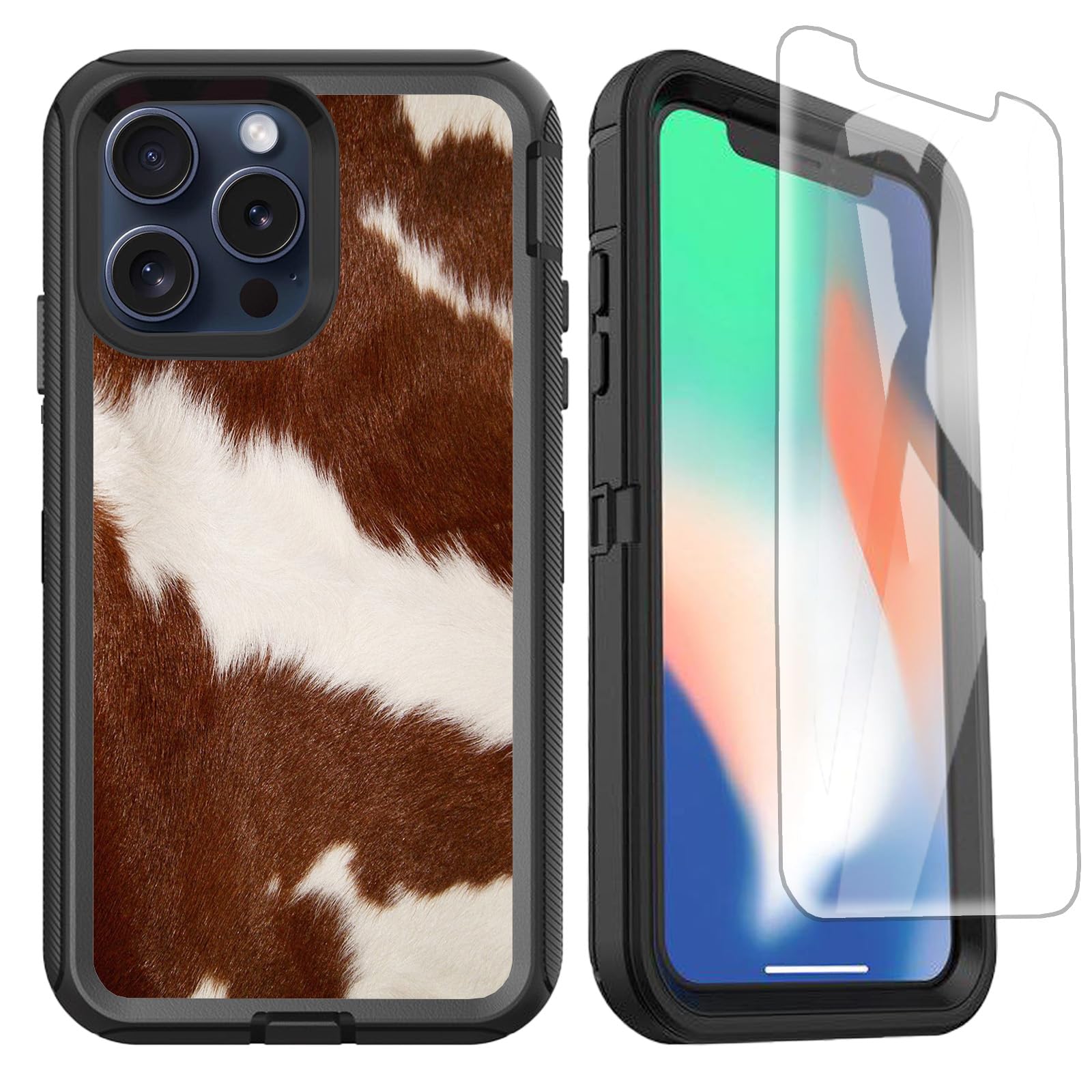 OTTARTAKS Compatible for iPhone 15 Pro Max Case Cute Western Cowhide Print Luxury Design with Screen Protector Heavy Duty [Military Grade Protection]