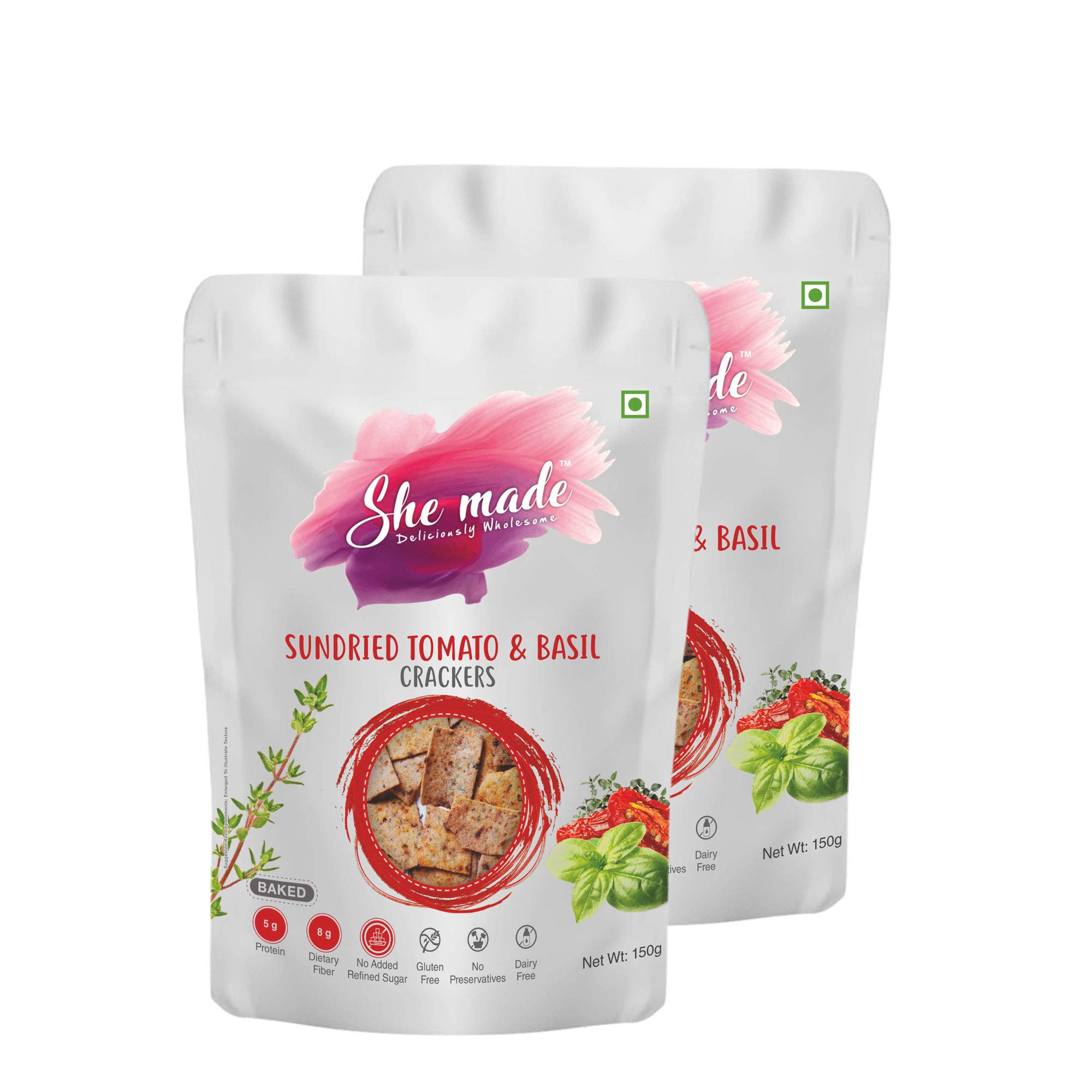 She Made Foods Crackers Biscuit - Pack of 2, Tangy Sundried Tomato & Basil Flavour, Vegan & Gluten-Free Snack, Healthy Baked Crackers, Tasty Gourmet Bites (150 grams each)