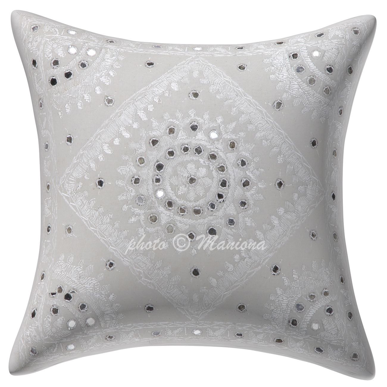 ManionaCrafts Mirror Embroidered Work Indian Cotton Cushion Cover Abstract Embroidered Bohemian Decorative Pillow Cover 16 X 16