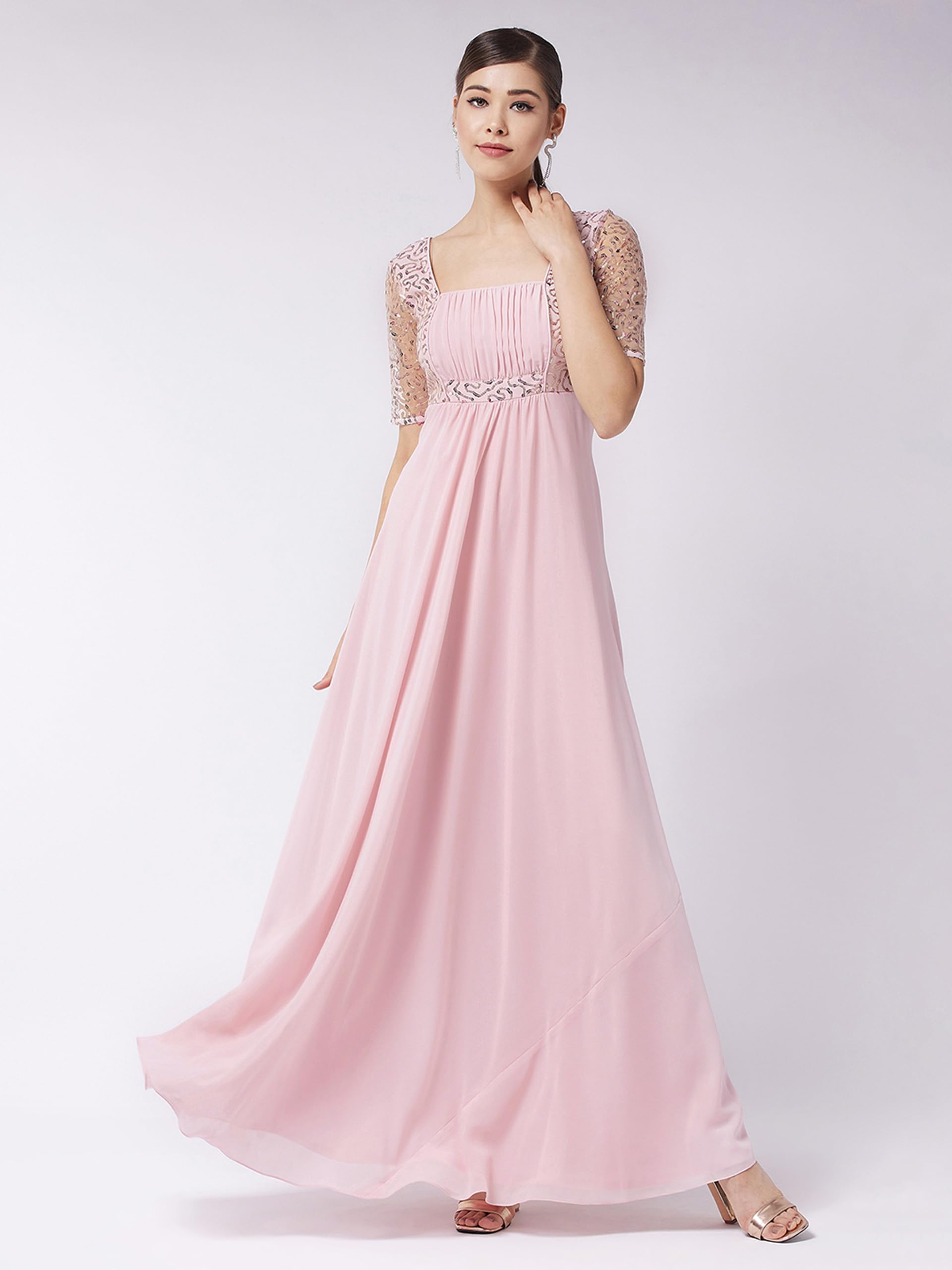 Miss Chase Women's Dusty Pink Square Neck Half Sleeve Solid Embellished Maxi Dress (Mcaw21D06-41-122-04, Dusty Pink, M)