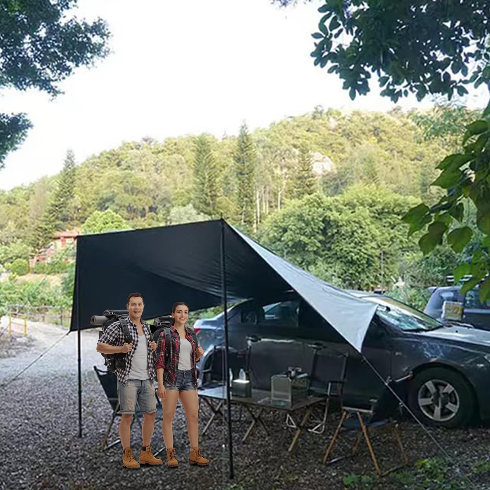 2 x 3 m Auto Markise Sonnensegel, Sonnensegel mit Stangen, mit 2 Halterungen, 4 windfestes Seil, 4 Heringen, 2 Saugnäpfen, Heckstoßstangenmarkise, geeignet für Wohnmobile, Vans und Wohnwagen.