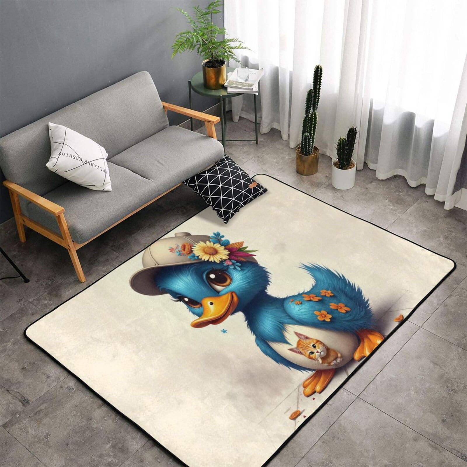 Joli tapis à imprimé canard bleu pour salon, chambre à coucher, tapis doux lavable de 9,1 x 152,4 cm, tapis antidérapant pour décoration de chambre à coucher, esthétique (152,4 x 99,1 cm)