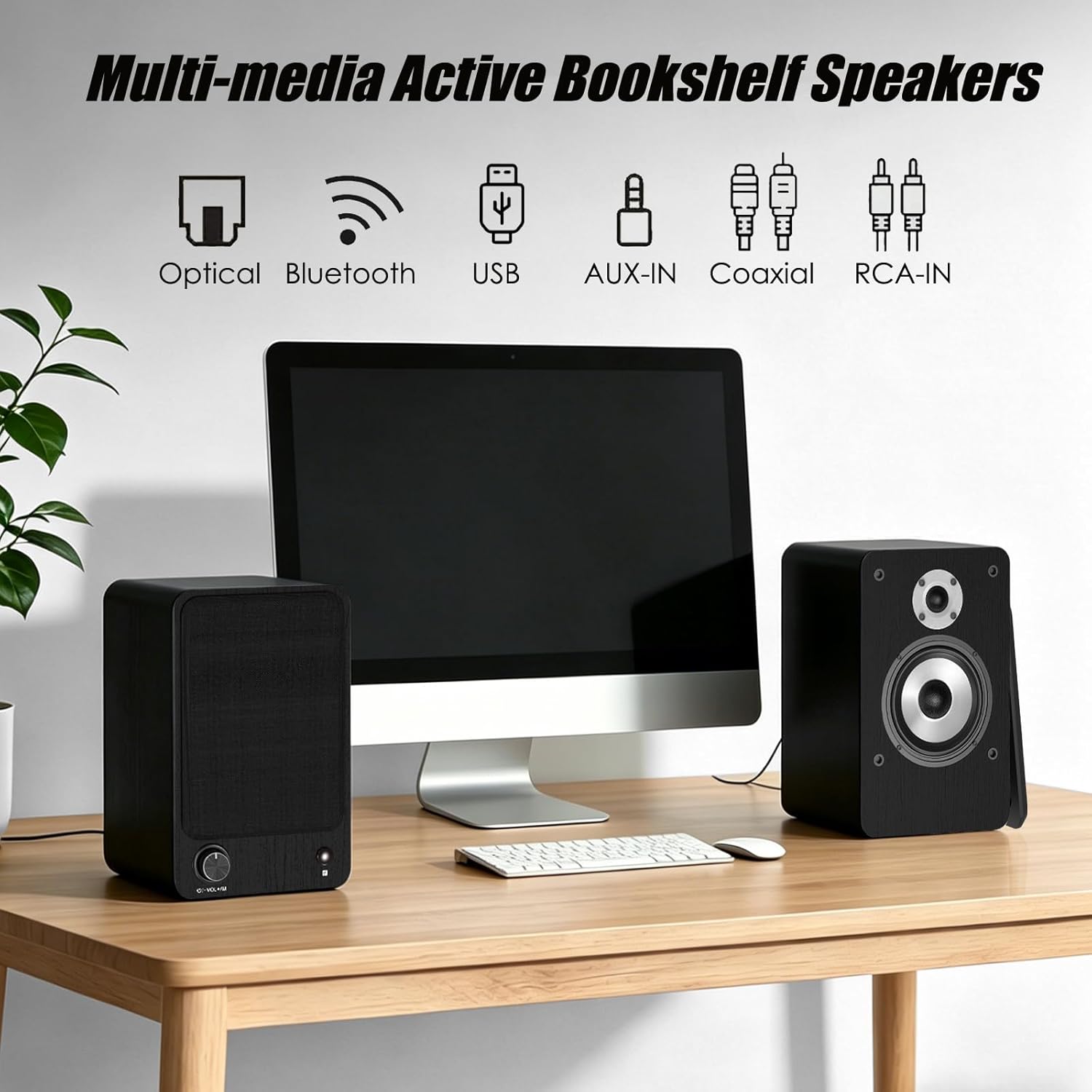 LONPOO 100W Hi-Fi Powered Bookshelf Speakers - Bluetooth 5.3 Active Monitors with 1" Silk Tweeter & 4" Aluminum Woofer, DSP Audio Optimization for TV, Record Player & Home Theater