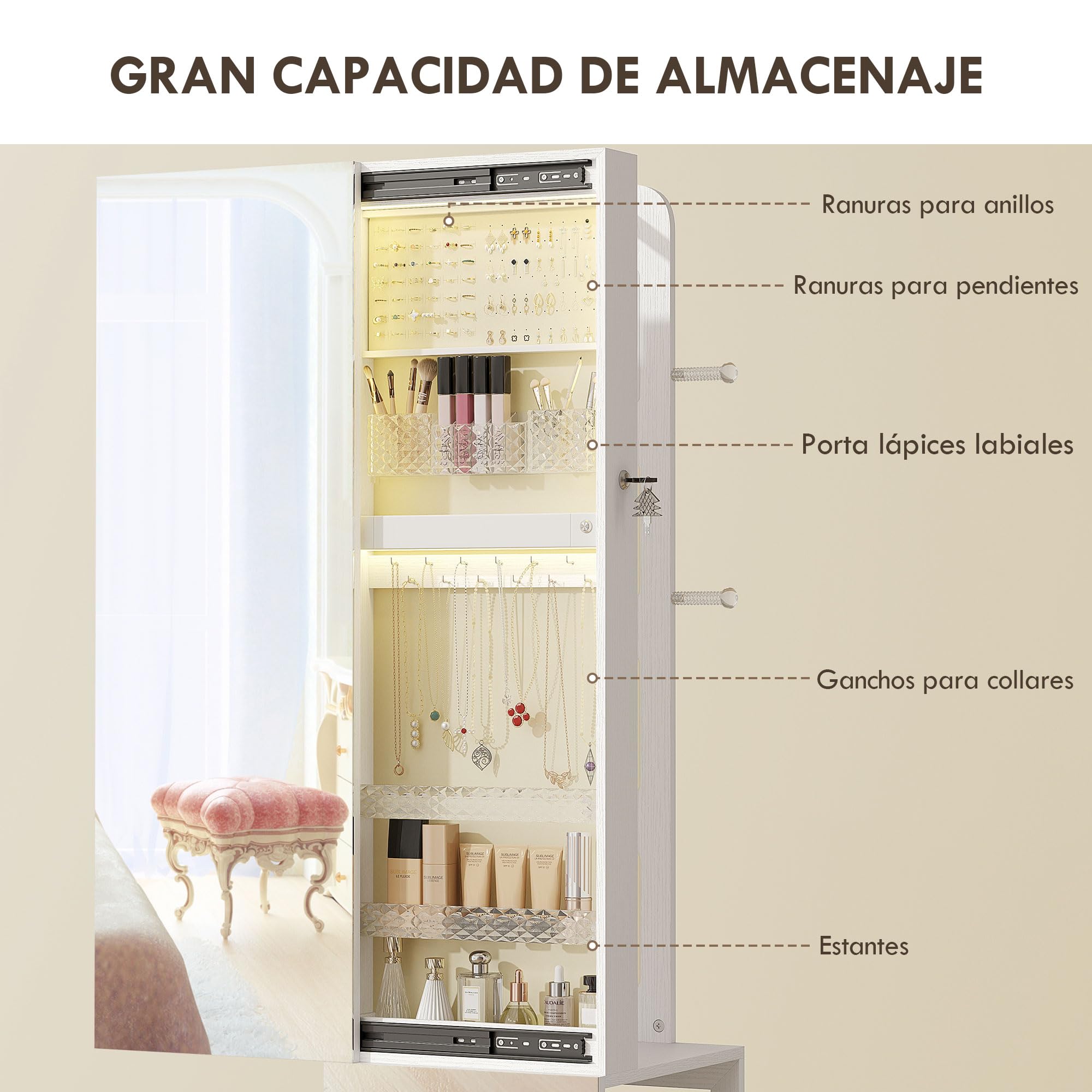 HOMCOM Espejo Joyero con Luces LED 3 Colores, Armario Joyero Giratorio 360° con Espejo sin Marco, Perchero, Cerradura con Llaves, Compartimentos, Blanco Beige