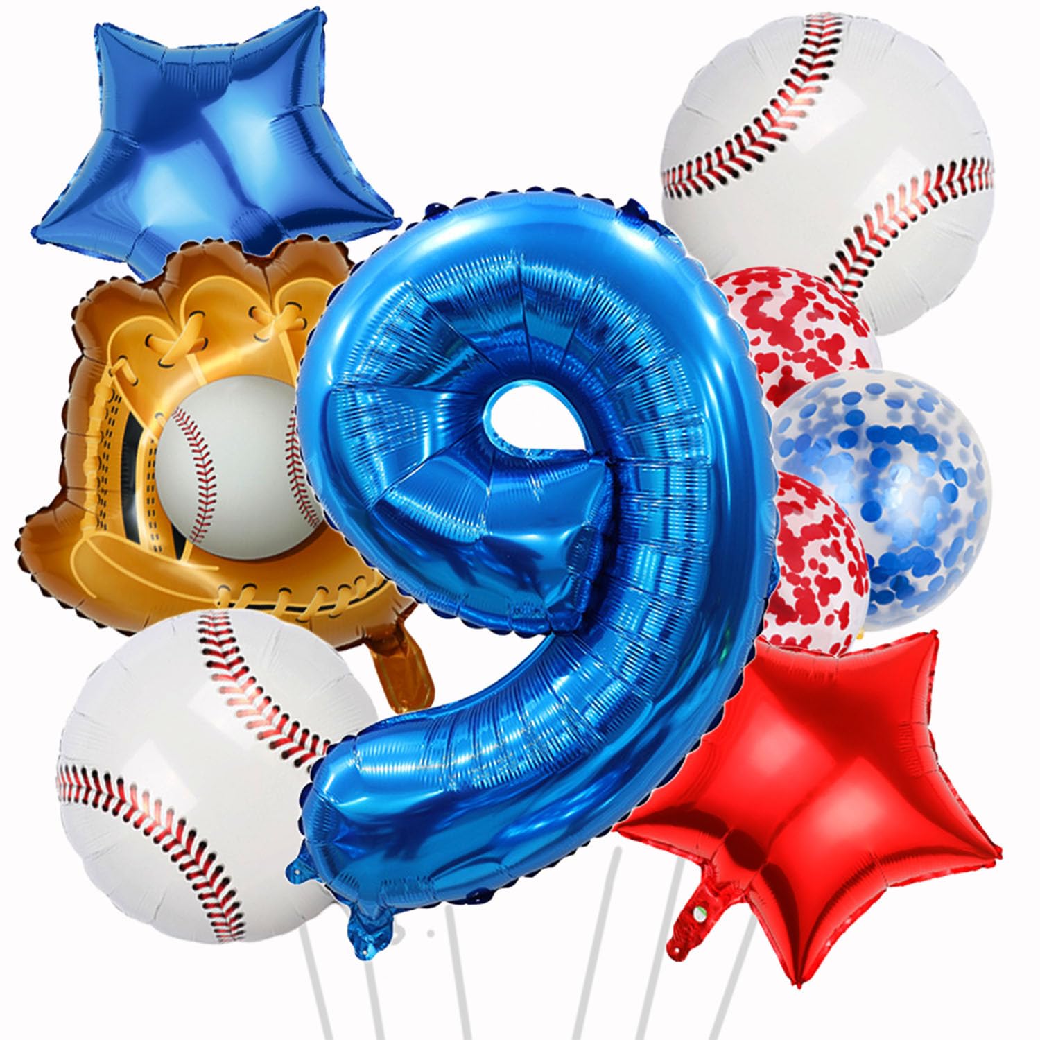 Baseball Balloons Foil Baseball Birthday Decorations Balloons Glove Number 9 Balloon Red Blue Star Confetti Ballons for Baseball Birthday Decorations