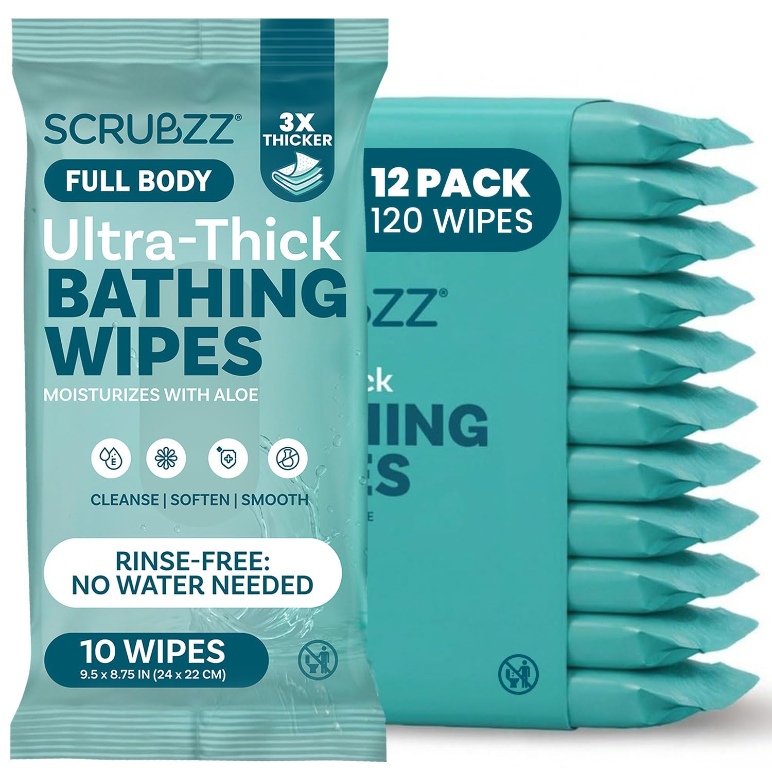 Extra Large Bath Wipes for Adults Bathing No Rinse - 120 Ultra Thick Disposable Body Wipes for Men, Women & Elderly - Great for Gym, Camping, Post Surgery