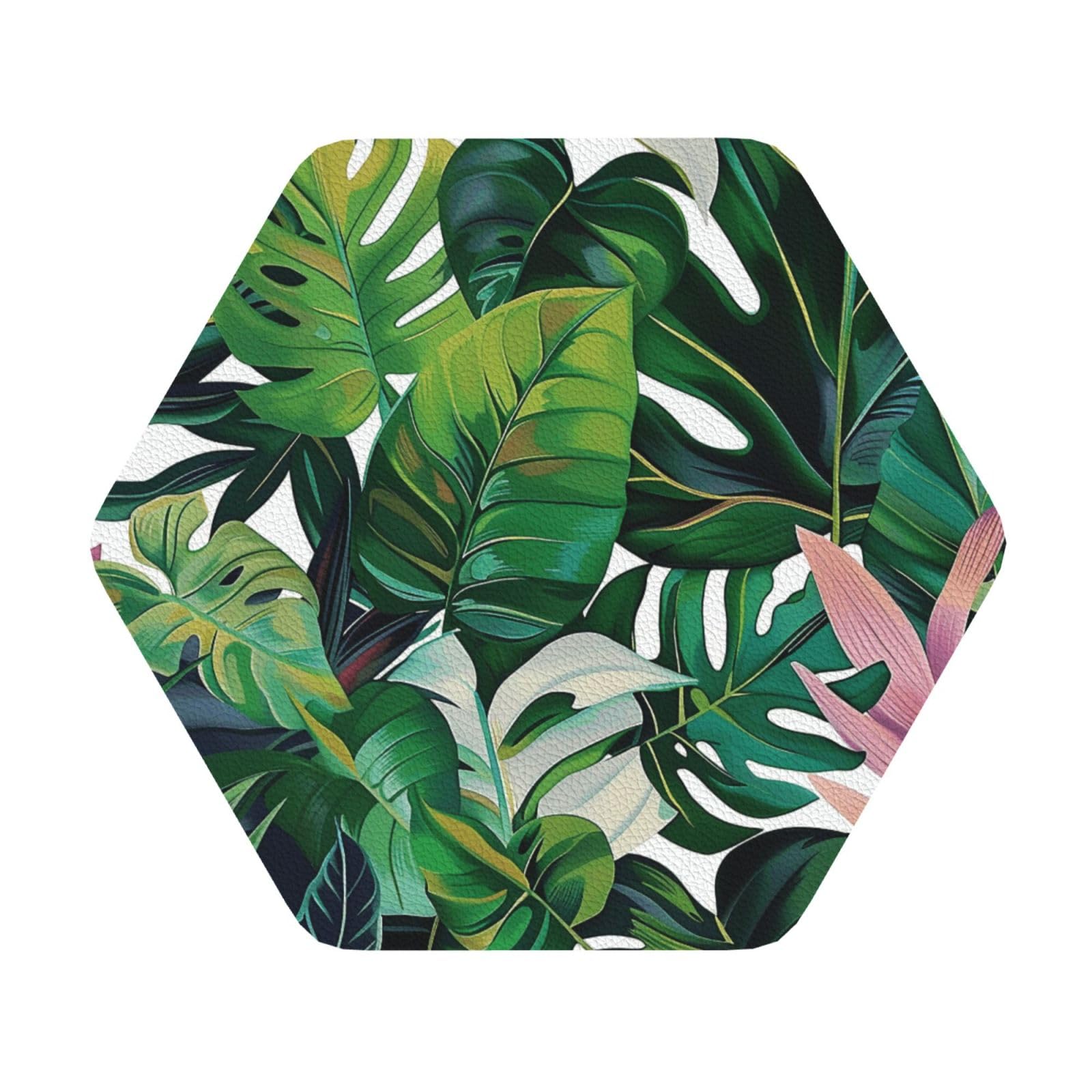 Tropical Leaves Printed Coasters for Drinks, Leather Coaster Sets of 4, Funny Coffee Cup Coaster, Absorbent Coaster for Home and Office Kitchen Bar Hexagon