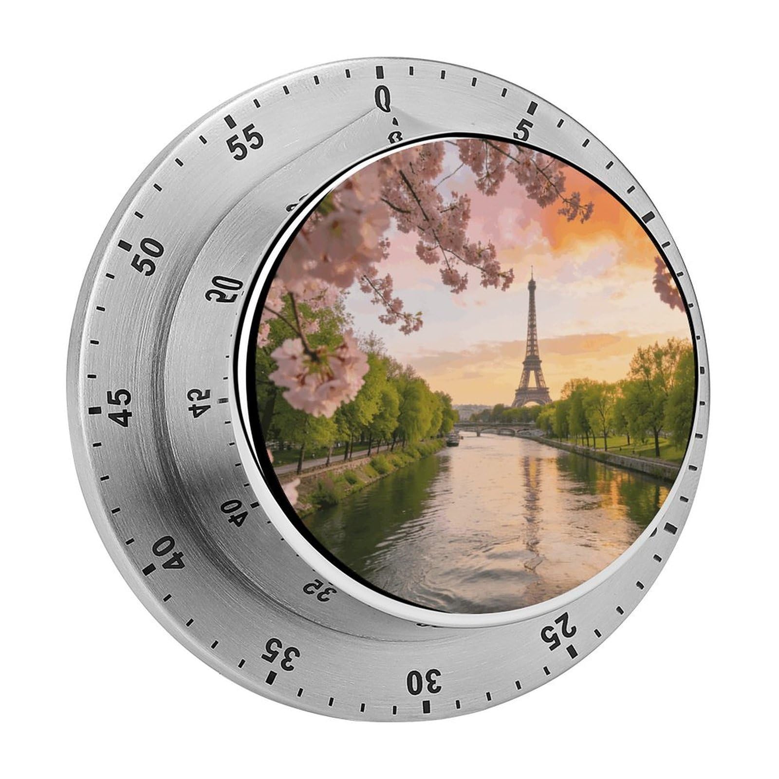 Natural Scenery of Paris Timer Exquisite Stainless Steel Body Desk Visual Timer with Loud Alarm 60-Minute Mechanical Countdown Timers Magnetic Backing Cooking Kitchen Timers for Work