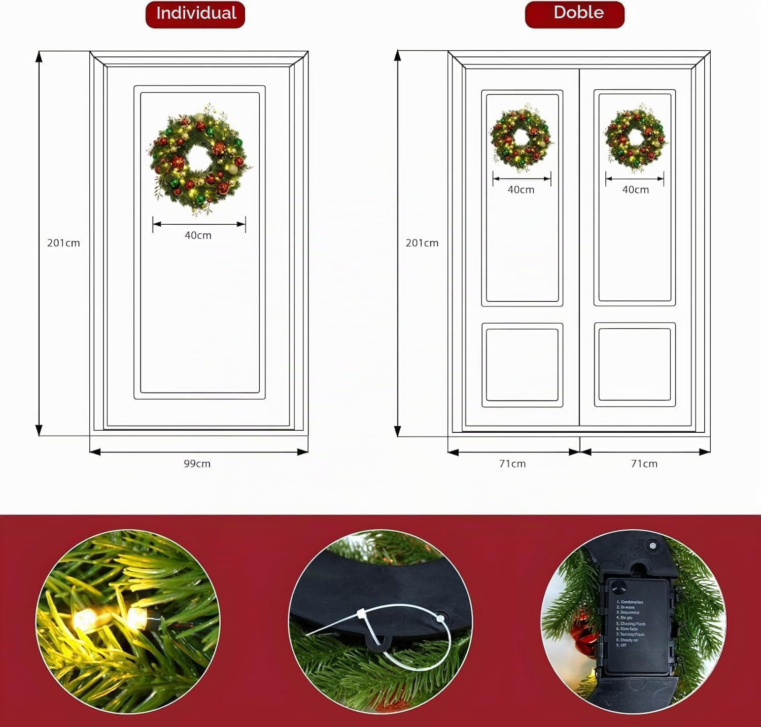 Avoalre 40CM Corona Navidad con Luces 40 Leds, Adorno Guirnalda Navidad con Bolas de Dorada Rojo y Verde, Función de Temporización 8 Modos Luces Navidad Decoración para Puerta, Árbol, Pared, Ventana