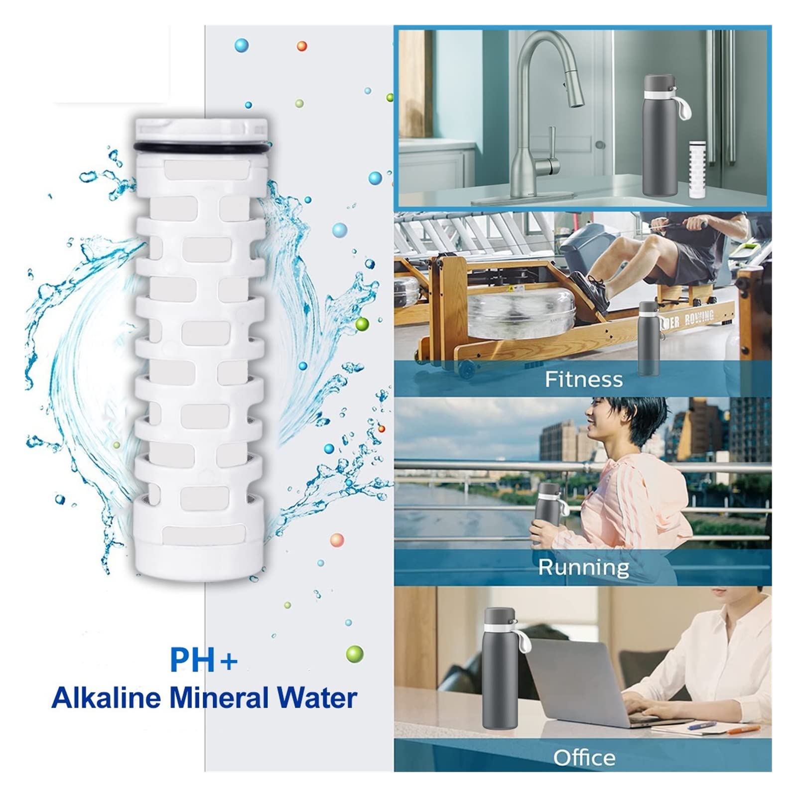 Flujo de agua rápido y ecológico Reemplazo de filtro de agua mineral alcalina PH+ for jarra de botella de acero inoxidable aislada(6x Filter)