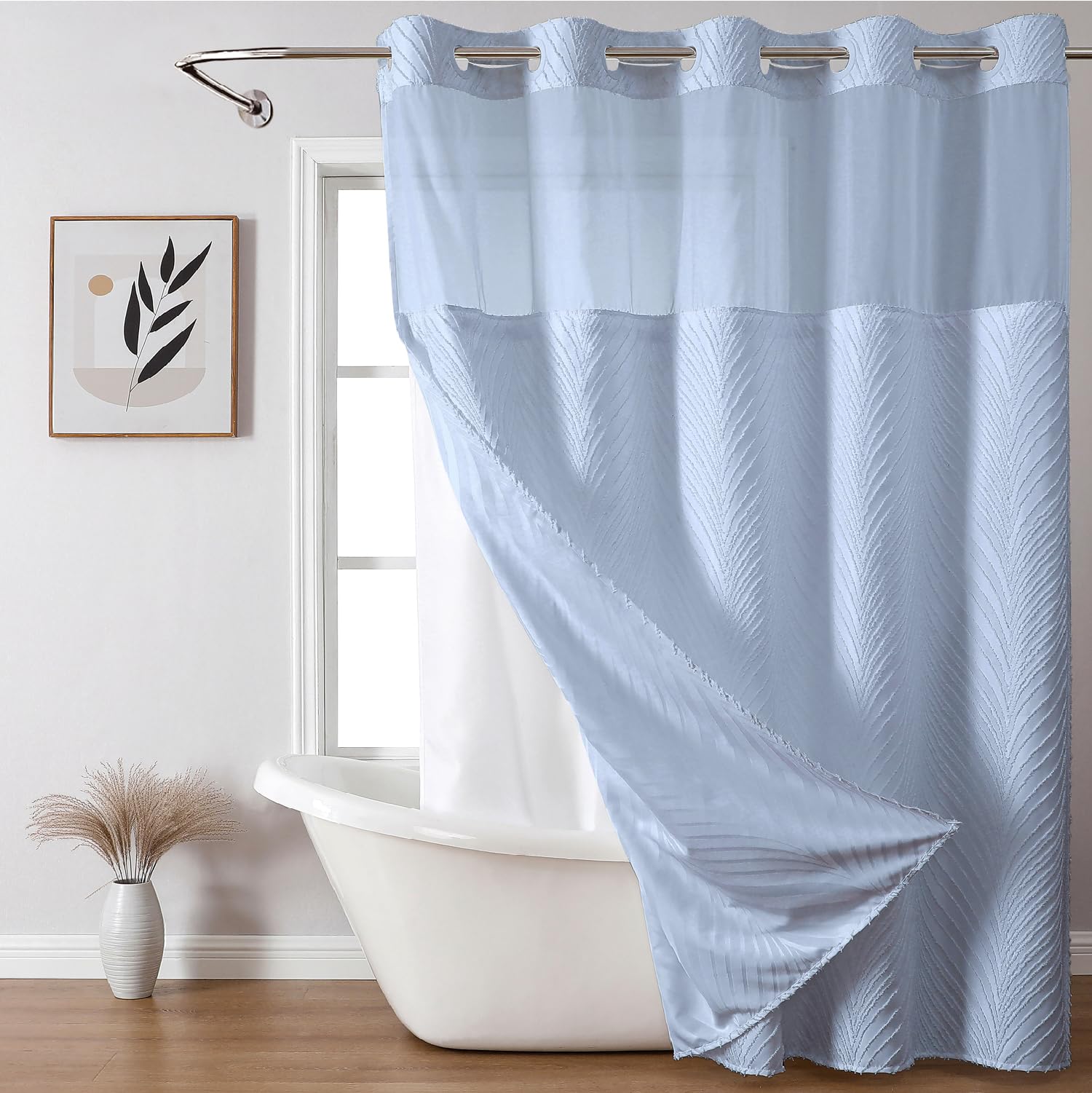 eachope no Hook Shower Curtain and Liner Set，Boho Style with See Through Top Window, Blue Fabric Tufted Striped Textured Outer Curtain & Waterproof