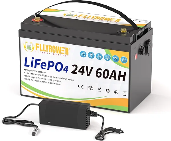 FLLYROWER 24V Lithium Battery 60AH With BMS and 16500 Deep Cycles 24V 60AH Lifepo4 Battery Grade A Cells for Marine Trolling Motor RV camping Solar Golf Cart Off-Grid