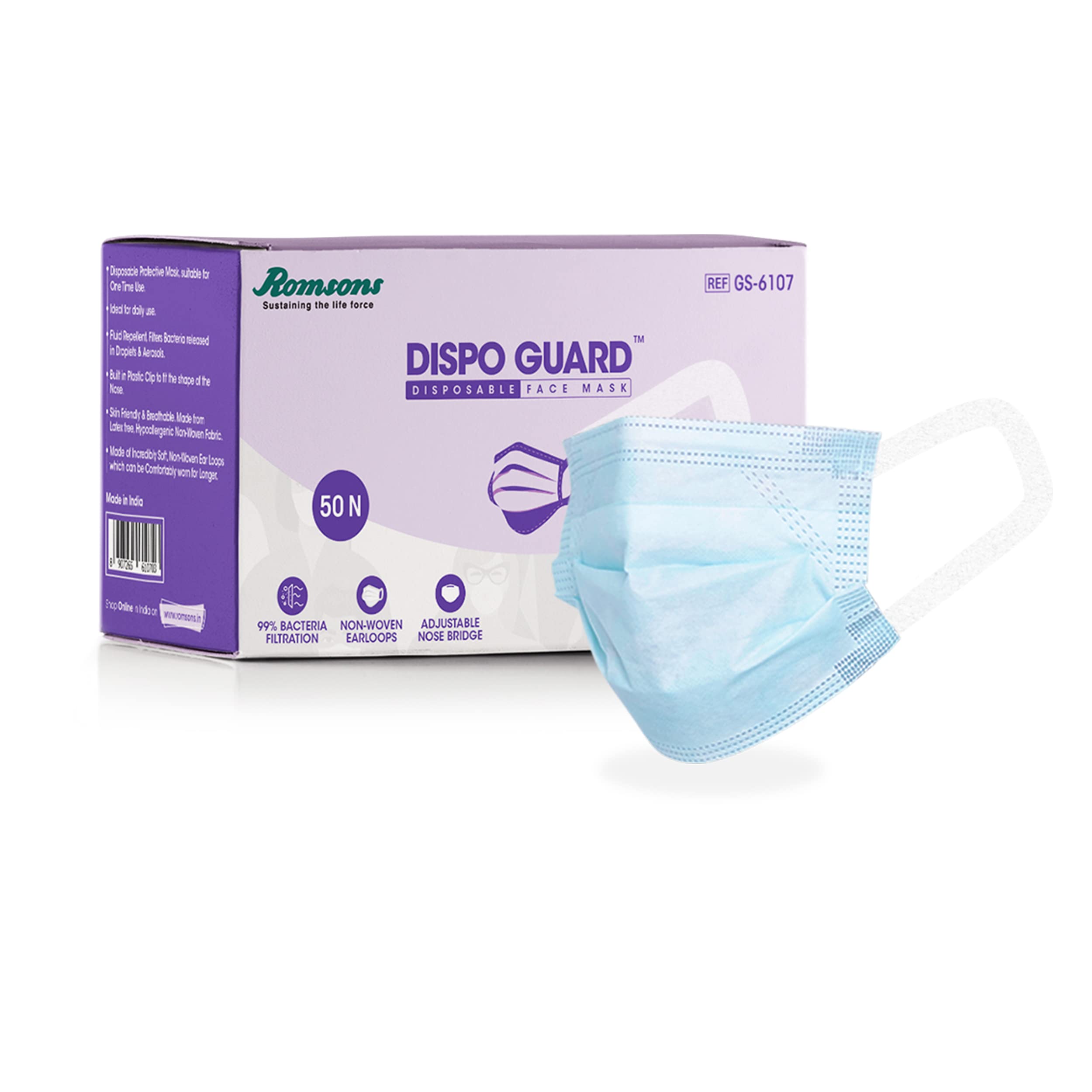 Romsons Dispo Guard 3 Ply Mask With Softest Ear Loops, 50 Pcs/Pack