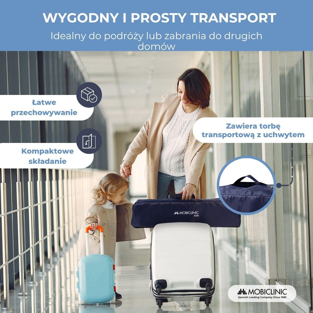 Mobiclinic®, Łóżeczko turystyczne, 2 w 1, Ultrakompaktowe składanie, Wyjmowany materac, Mofli, Do 15 kg, Oddychająca tkanina, Kojec dla dziecka, Kółka (ciemnoniebieski)