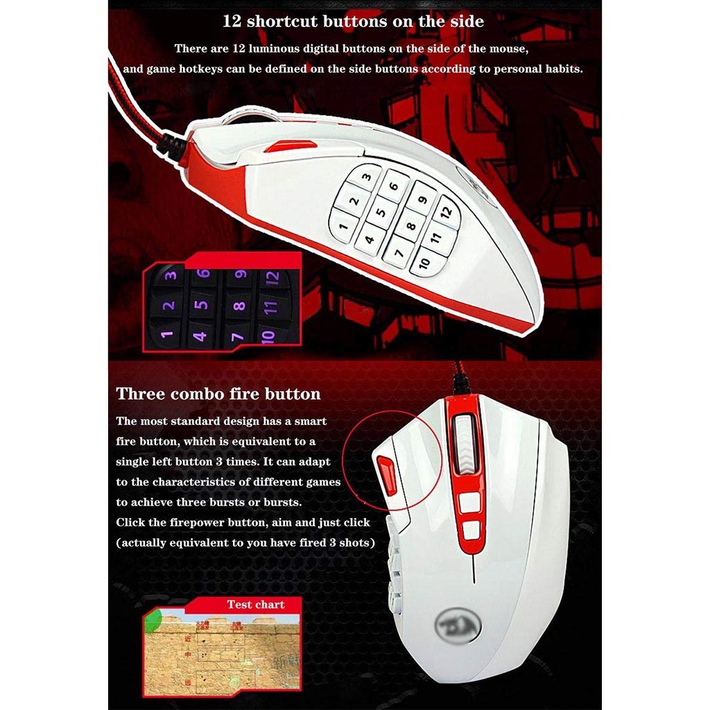 RajoNN Ratones Ratón para Juegos con Cable, 24000 dpi, Ratones con retroiluminación LED MMO RGB con 18 Botones programables, Ajuste de Peso, para Juegos de PC con Windows (Color: Blanco)