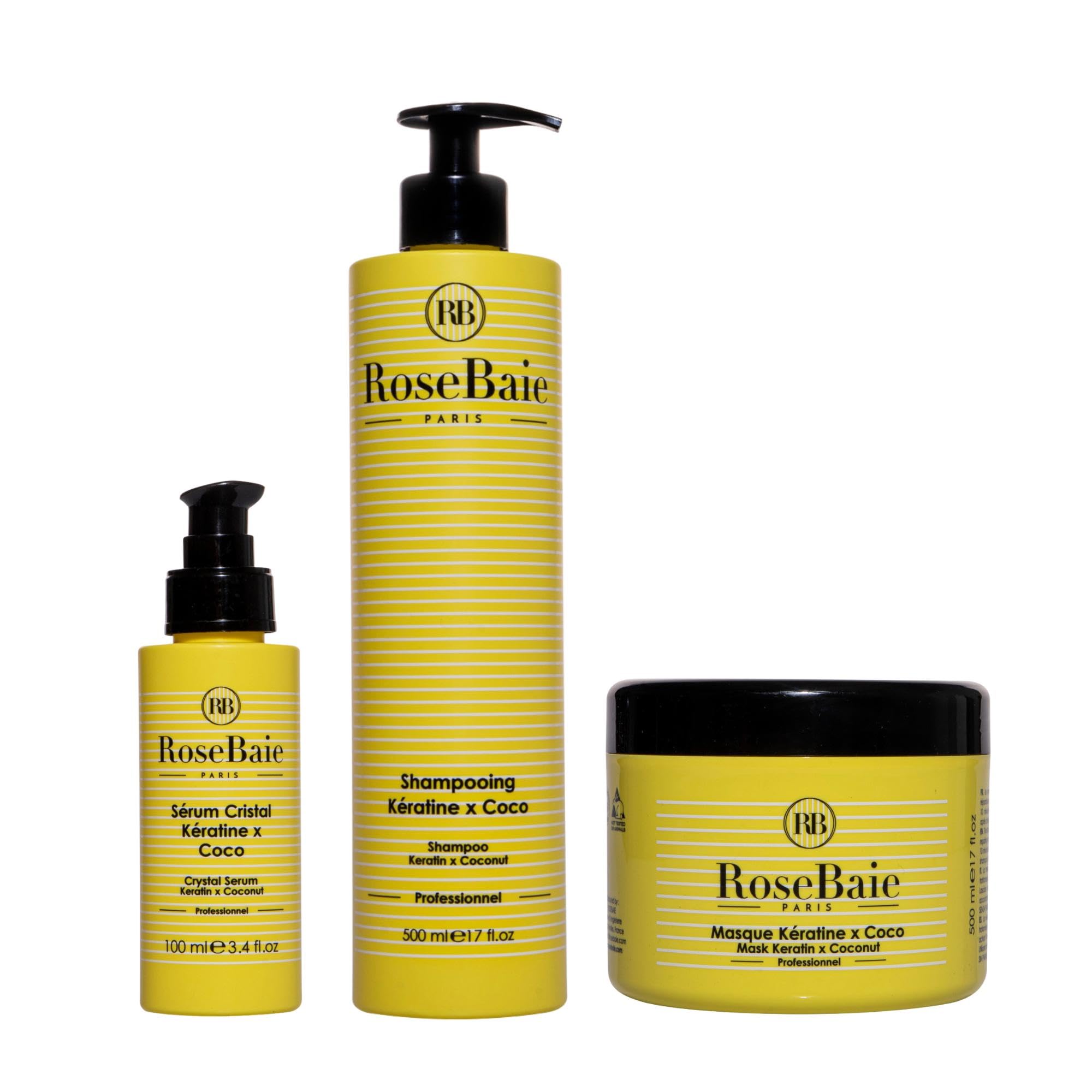 ROSEBAIE | Sérum Coco et Kératine | Nutrition et Hydratation | Cheveux abîmés et secs | Shampoing 500ml Masque 500ml Sérum 100ml