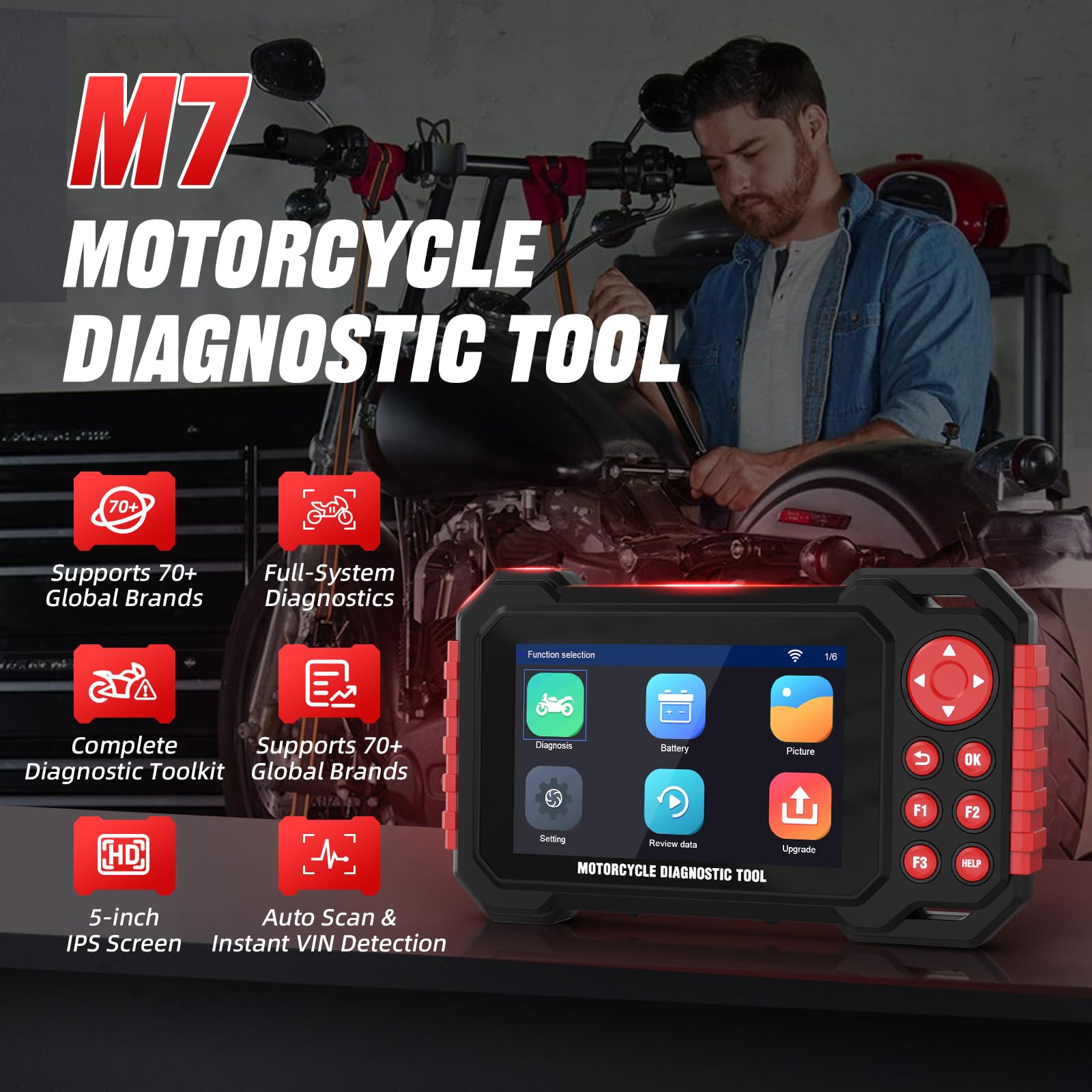 Outil de Diagnostic Scanner Moto M7, Lecteur de Codes OBDII Moto pour Système ABS avec Scan Automatique & Détection Instantanée VIN pour Honda Harley 70+ Marques 100 Fonctions de Service