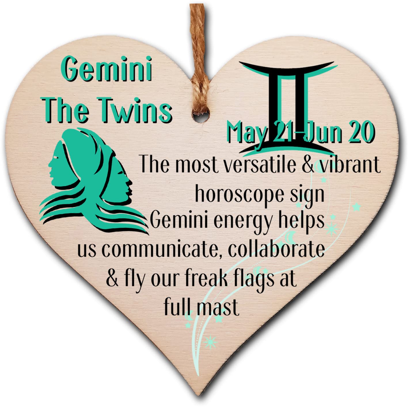 Handmade Wooden Hanging Heart Plaque Gift Signs of the Zodiac Gemini Astrological Star Sign Keepsake Card Alternative