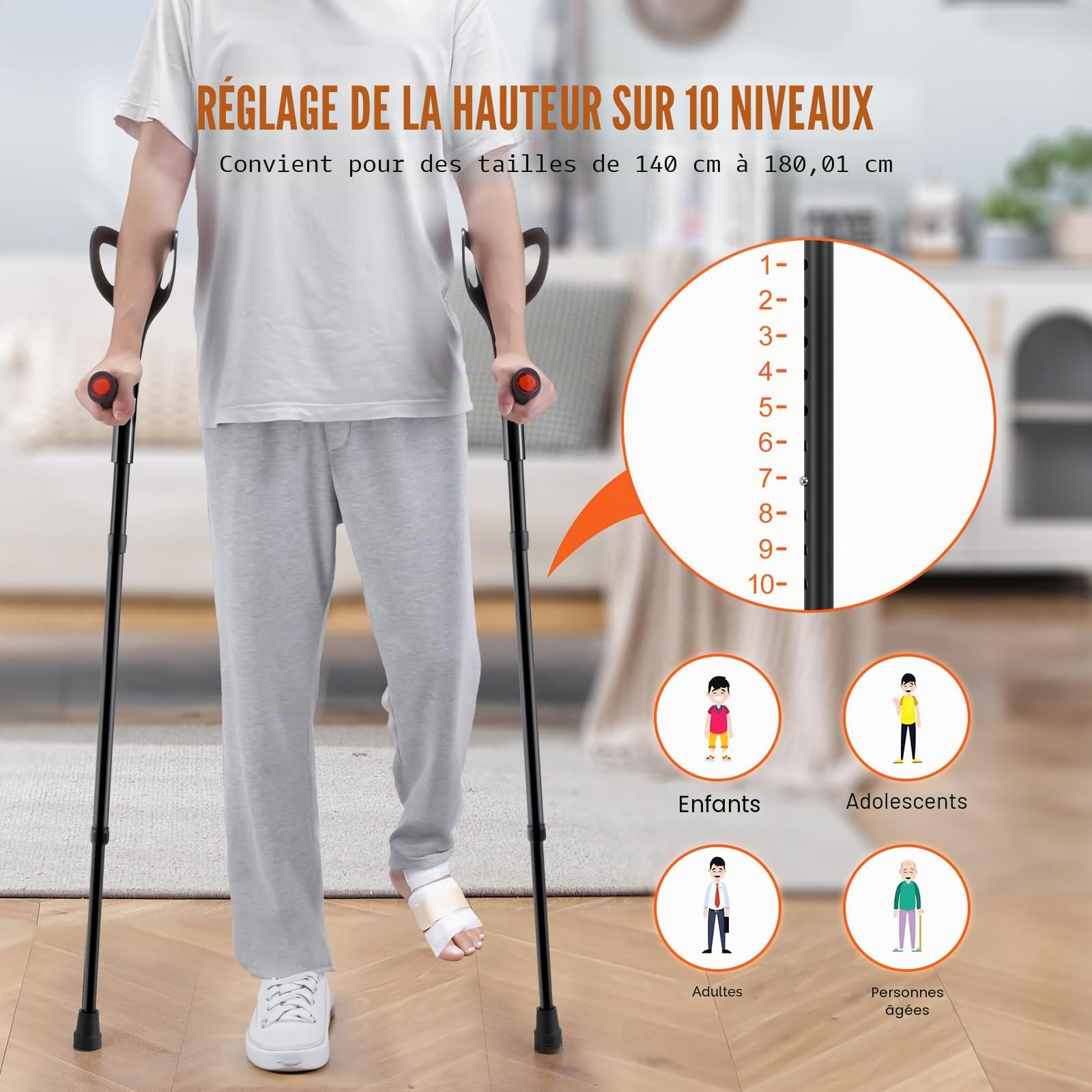 VEVOR Béquilles d'Avant-bras 2PCS, Béquilles de Marche Pliables Réglable en Hauteur 10 Niveaux, Manche Supérieure Ouverte, Béquilles Médicales Légères, pour Adultes, Chirurgie, Blessure aux Jambes