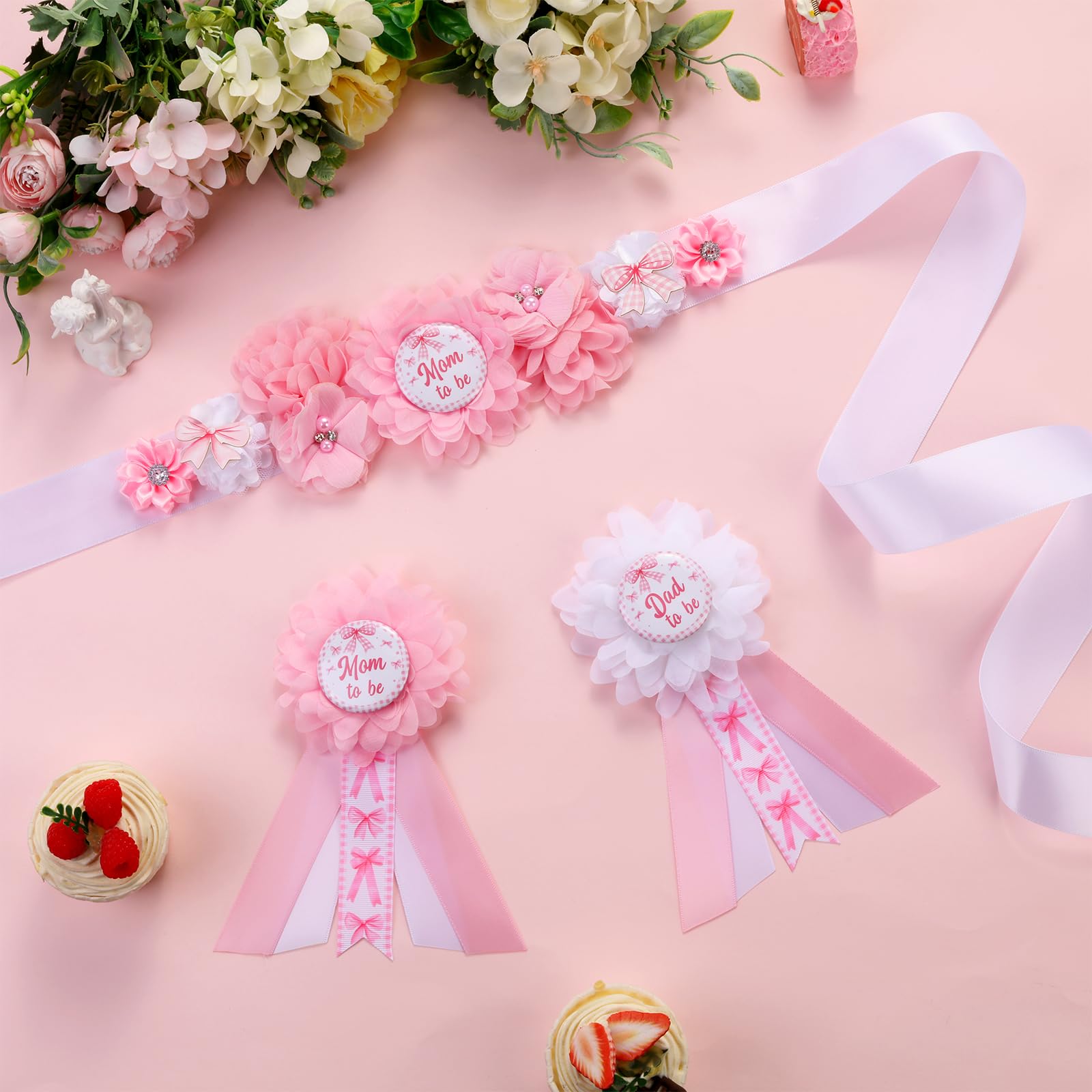 Cheerupp Pink Bow Gender Reveal Maternity Sash Kit, Pink Picnic Baby Shower Belly Belt and Mom To Be Dad To Be Corsage Pins - Image 2