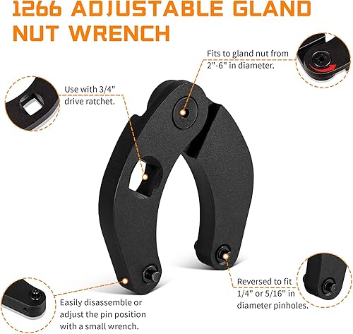 Miniatura 3 de Bonbo Llave de tuerca de glándula ajustable 1266 y llave de glándula universal pequeña 7463 para cilindros hidráulicos en cargadoras deslizantes, la