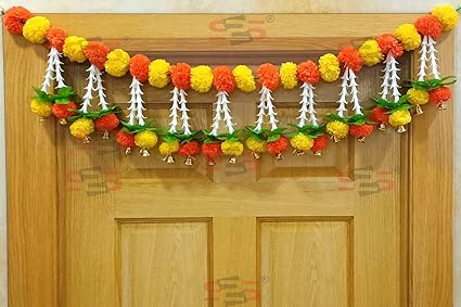 S2S Artificial Lilly Flowers I Heavy Small Bell Door Hanging Toran I Bandhanwar For All Festivals Decoration (Length- 40 Inch), Multicolour