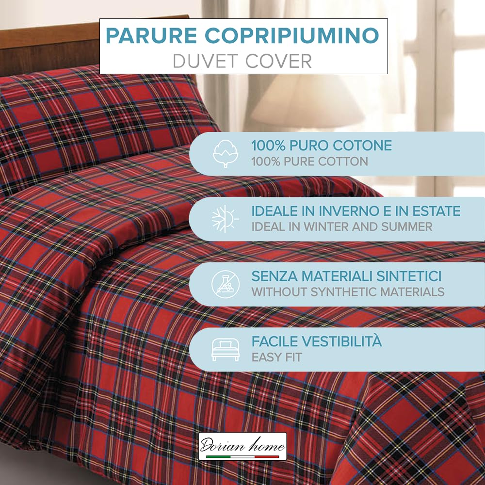 Dorian Home - Bettbezug-Set mit Bettbezugtasche aus 100% Reiner, weicher und zertifizierter Baumwolle (Schottisches Rot, Einzelbett - 155x210 cm + 1 50x80 cm)
