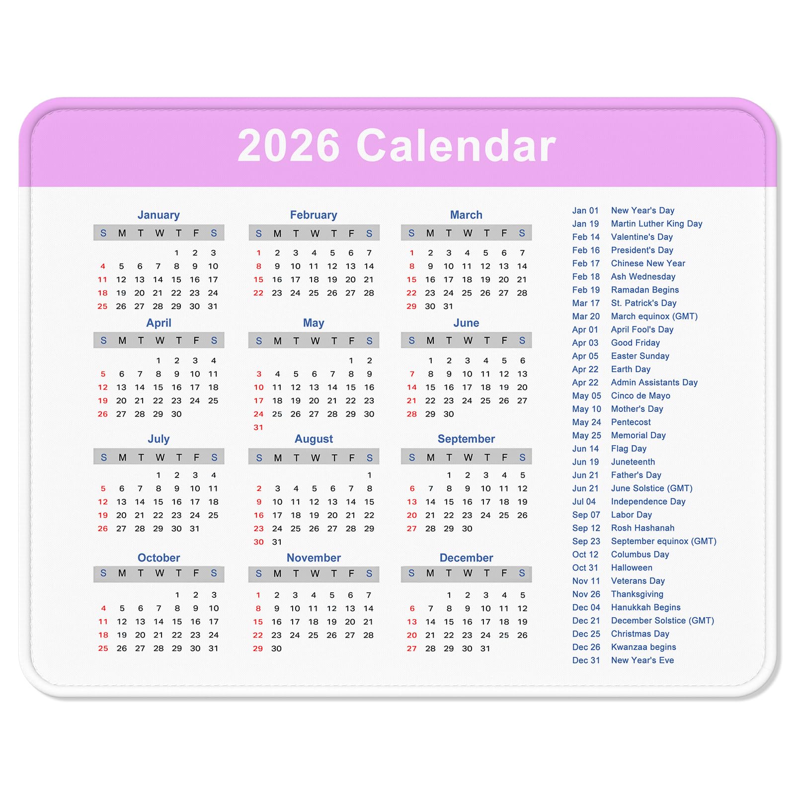 Hsurbtra 2026 Calendar Mouse Pad