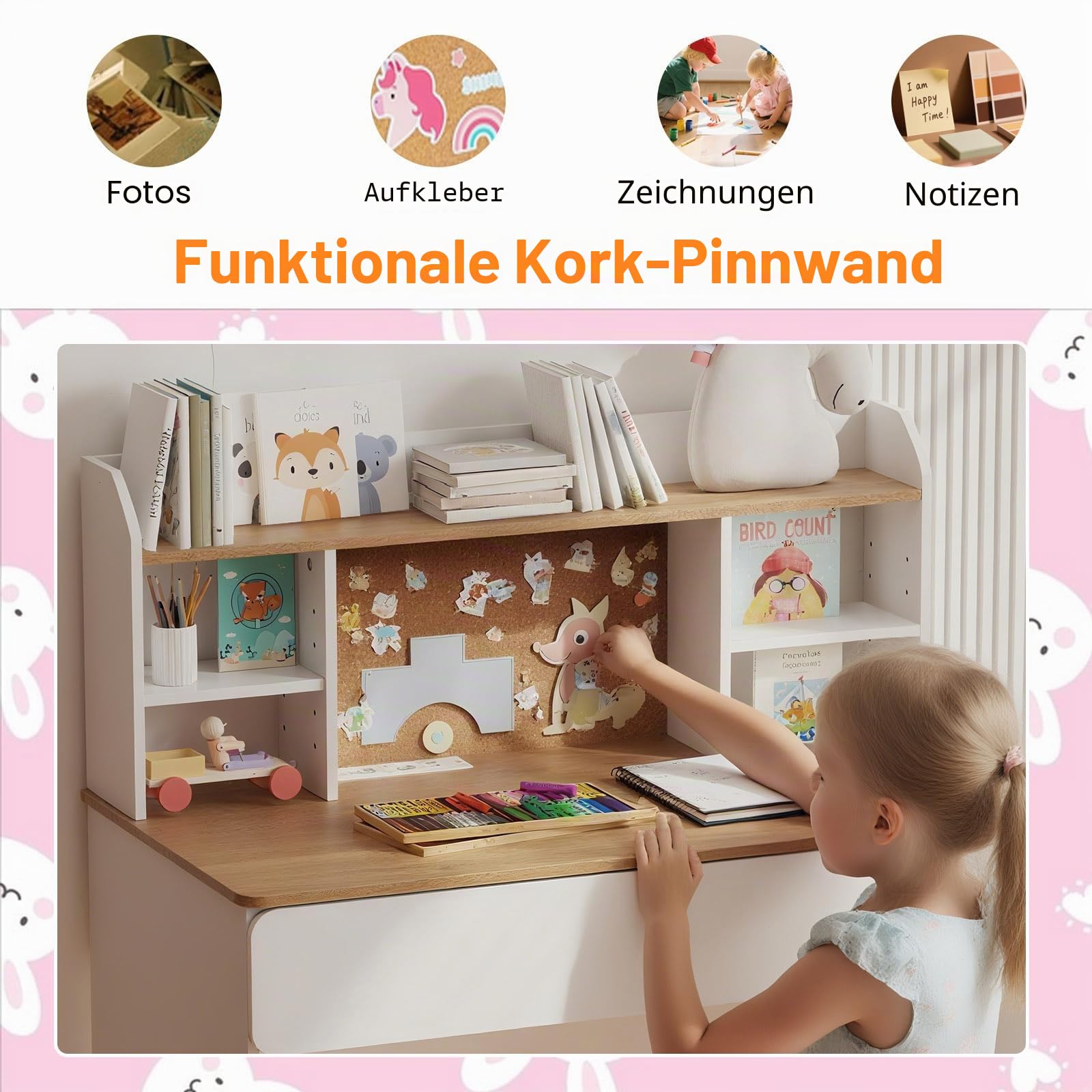LIFEZEAL Kinder Schreibtisch mit Ladestation, Kinderschreibtisch mit 2 Schubladen & Bücherregal & PC-Halter, Lerntisch Schülerschreibtisch mit Stauraum für Jungen & Mädchen